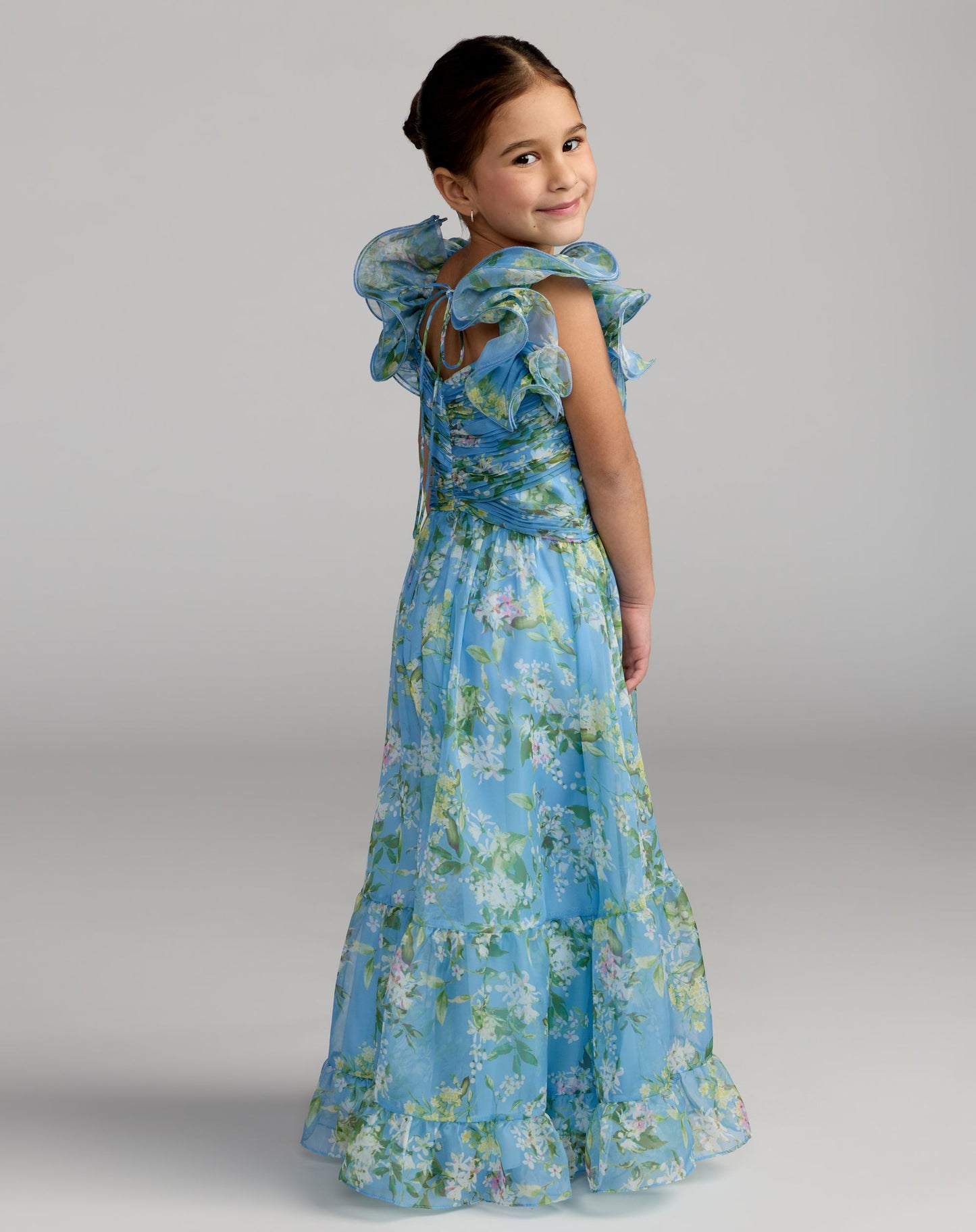 Girls Blue Floral Chiffon Ruffle Shoulder Dress - Mac Duggal