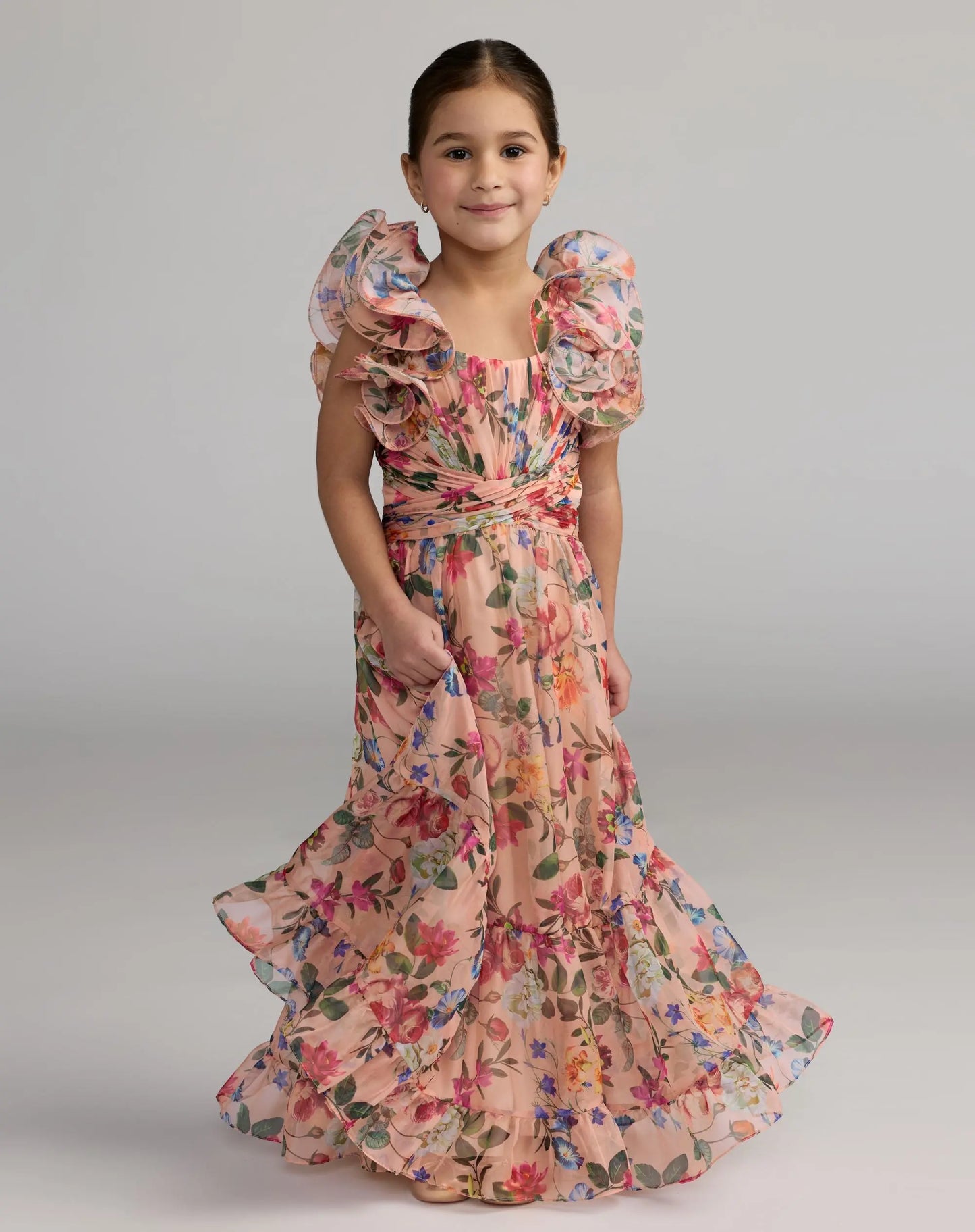 Girls Pink Floral Chiffon Ruffle Shoulder Dress - Mac Duggal