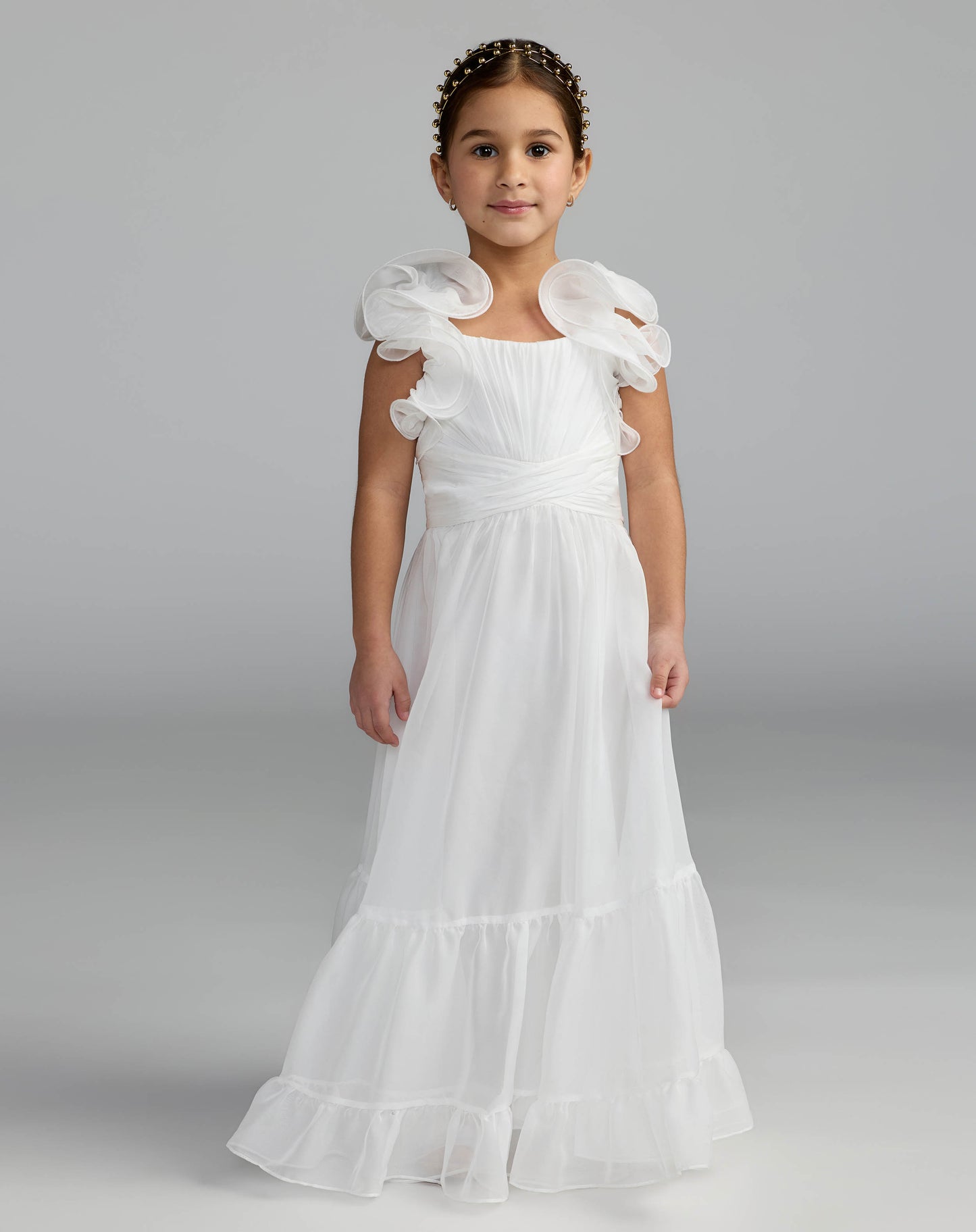 Girls White Chiffon Ruffle Shoulder Dress Mac Duggal