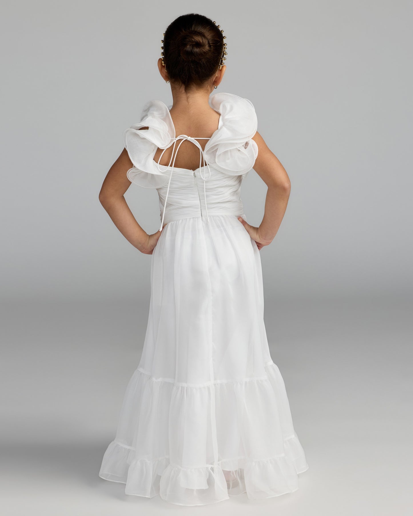 Girls White Chiffon Ruffle Shoulder Dress Mac Duggal