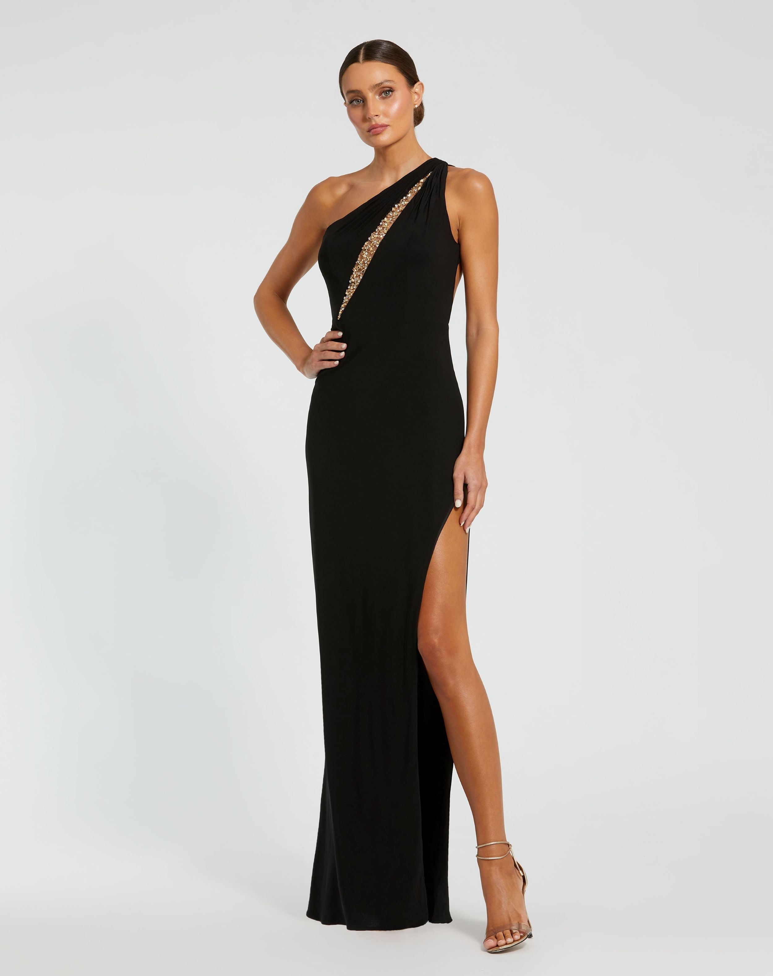 Black One Shoulder Gown with Sheer Embellished Cut Out | Mac Duggal Black One Shoulder Gown with Sheer Embellished Cut Out | Mac Duggal
