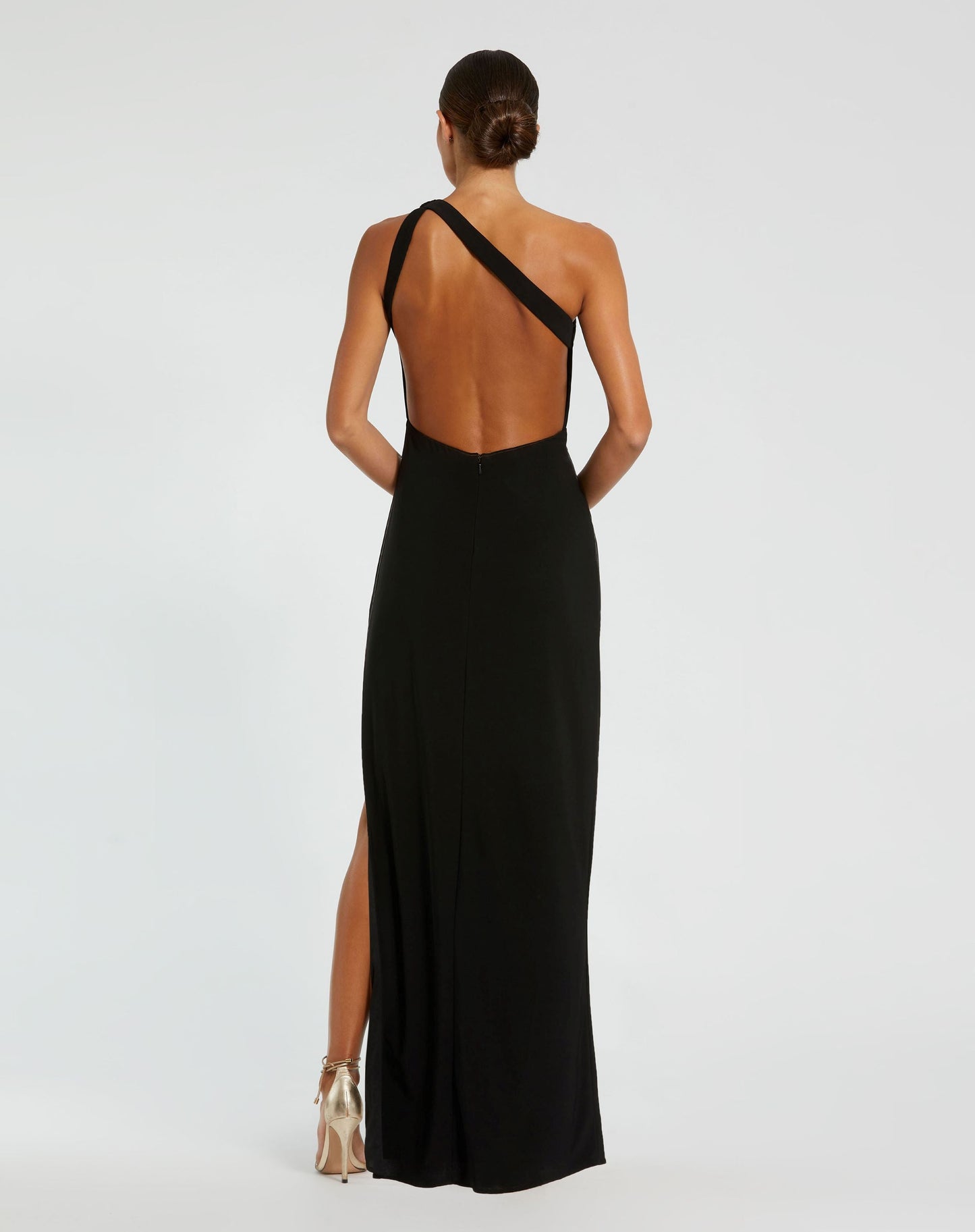 Black One Shoulder Gown with Sheer Embellished Cut Out - Mac Duggal