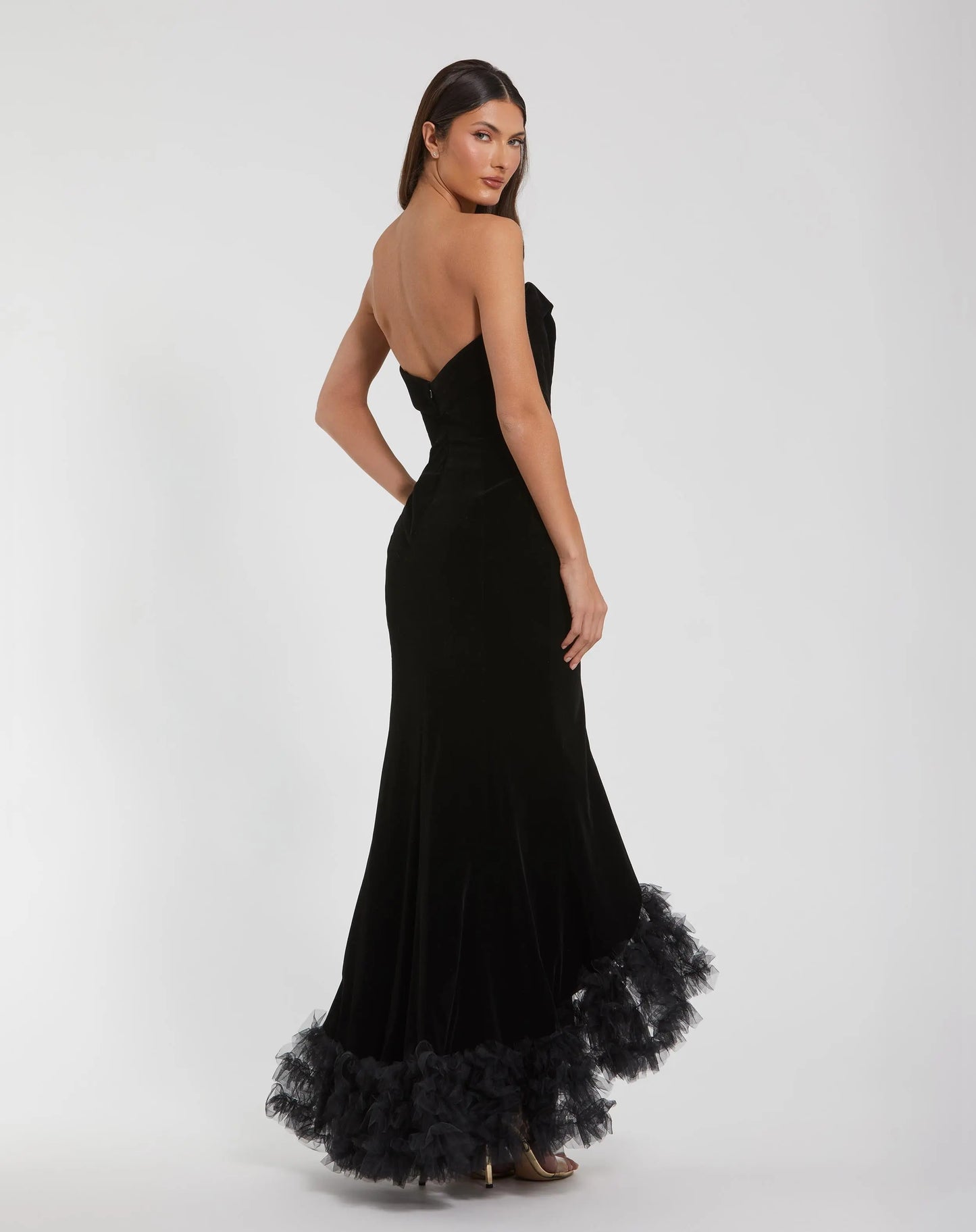 Black Strapless Velvet Mermaid Gown with Ruffle Slit - Mac Duggal