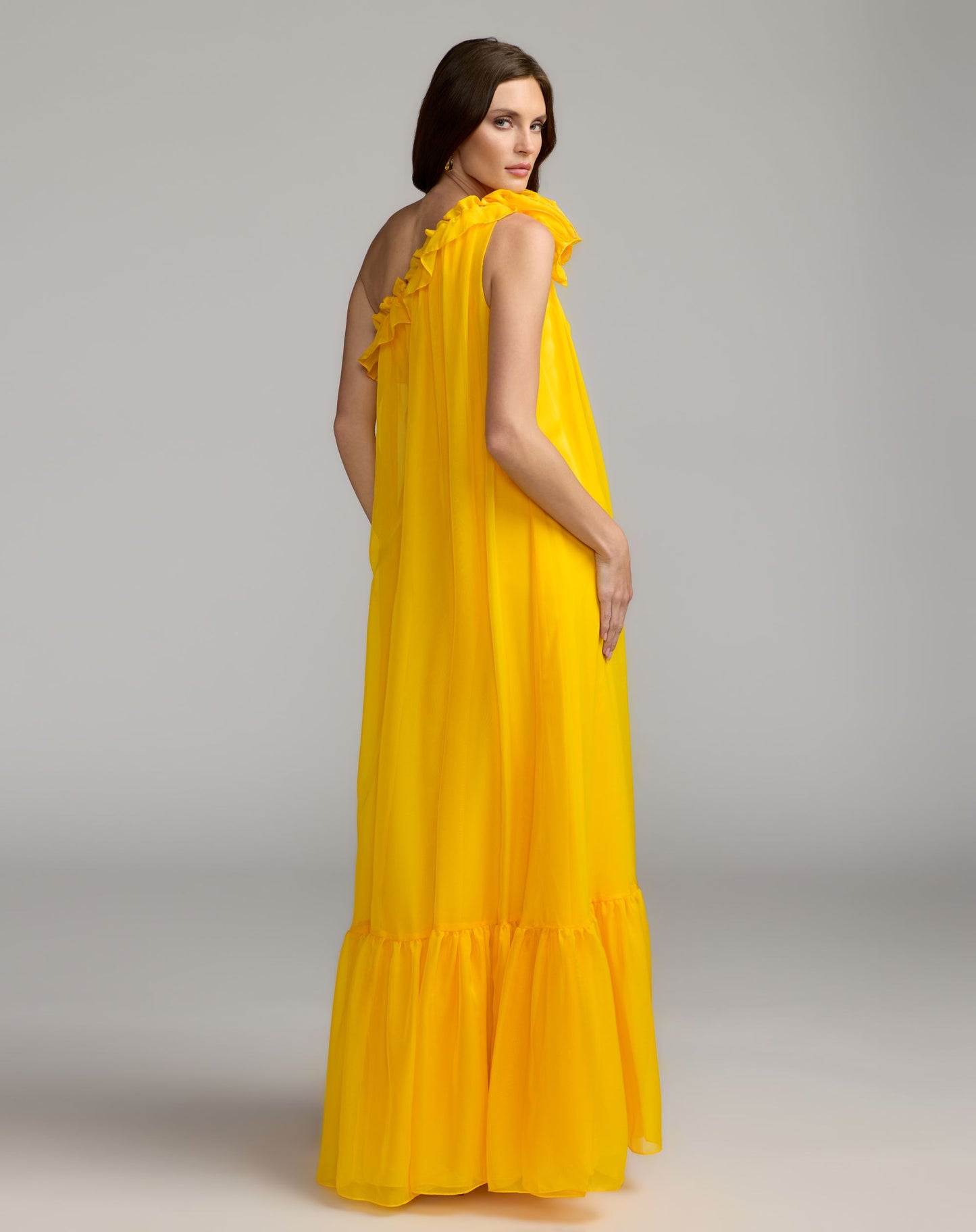 Yellow One Shoulder Chiffon Gown With 3D Rosette - Ieena for Mac Duggal