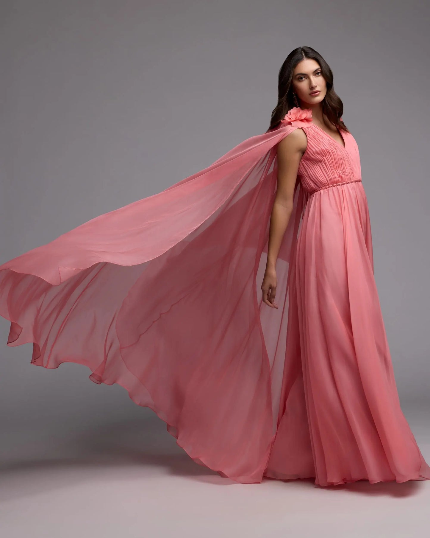 Pink Chiffon V-Neck Gown With Cape Sleeves Mac Duggal