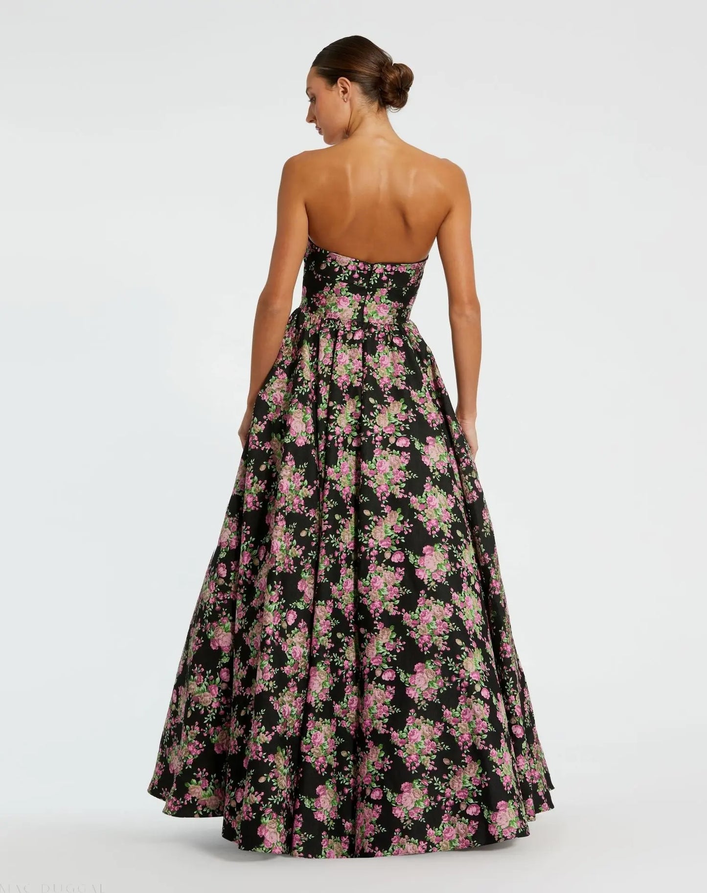 Black Strapless Sweetheart Brocade Floral A Line Gown - Mac Duggal
