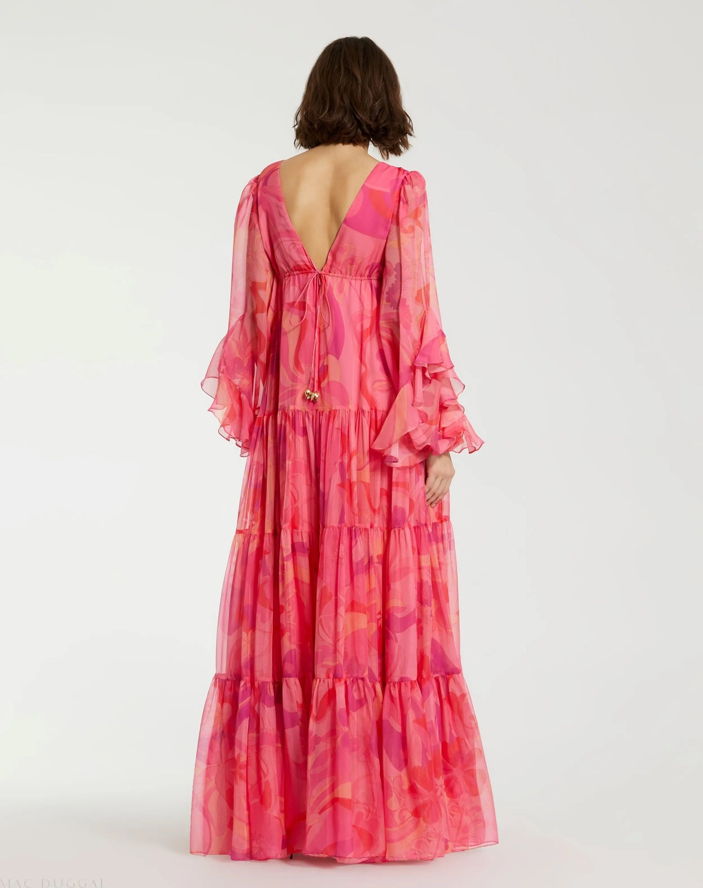 Hibiscus Printed Chiffon Ruffle Long Sleeve V Neck Maxi Dress - Mac Duggal