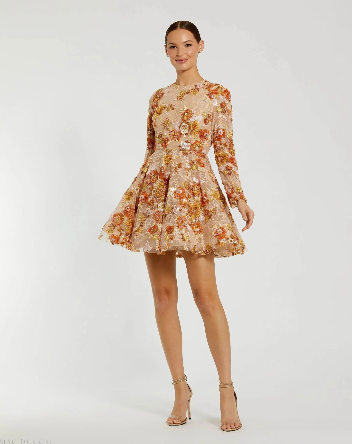 Beige High Neck Long Sleeve Sequin A Line Mini Dress - Mac Duggal