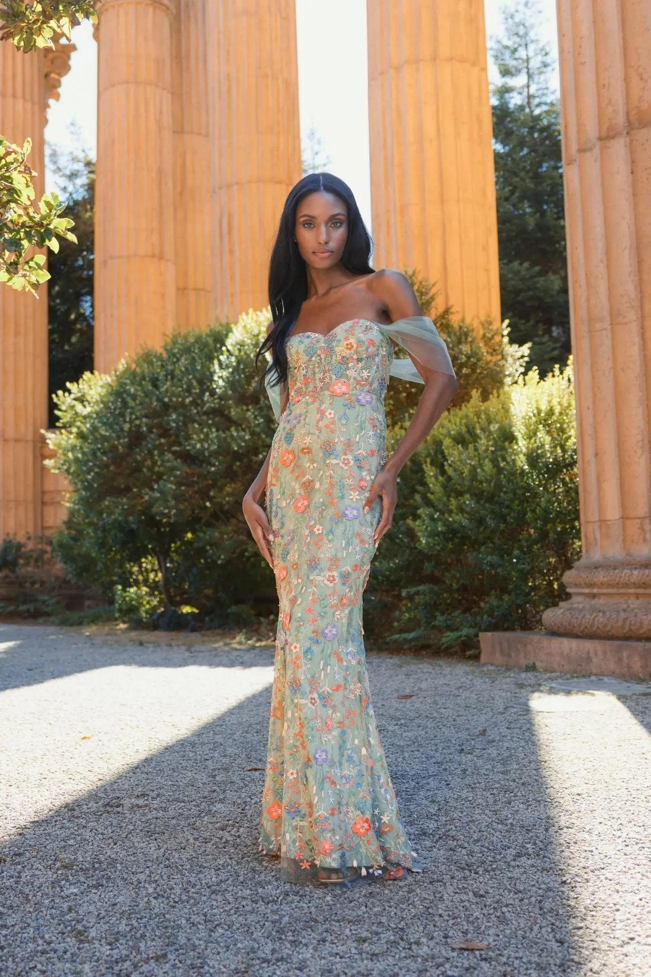 Green Off-the-Shoulder Bustier Floral Column Gown - Mac Duggal