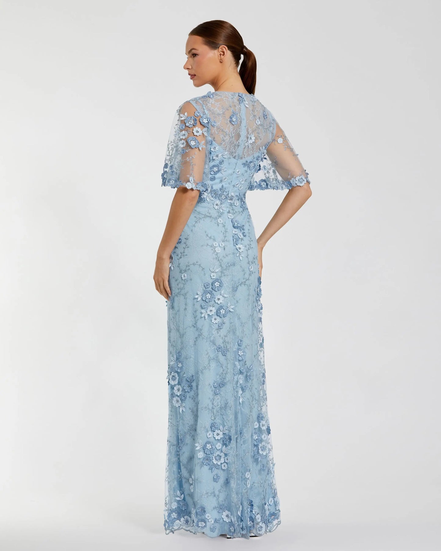 Blue Flutter Sleeve Floral Embroidered Net Gown Mac Duggal