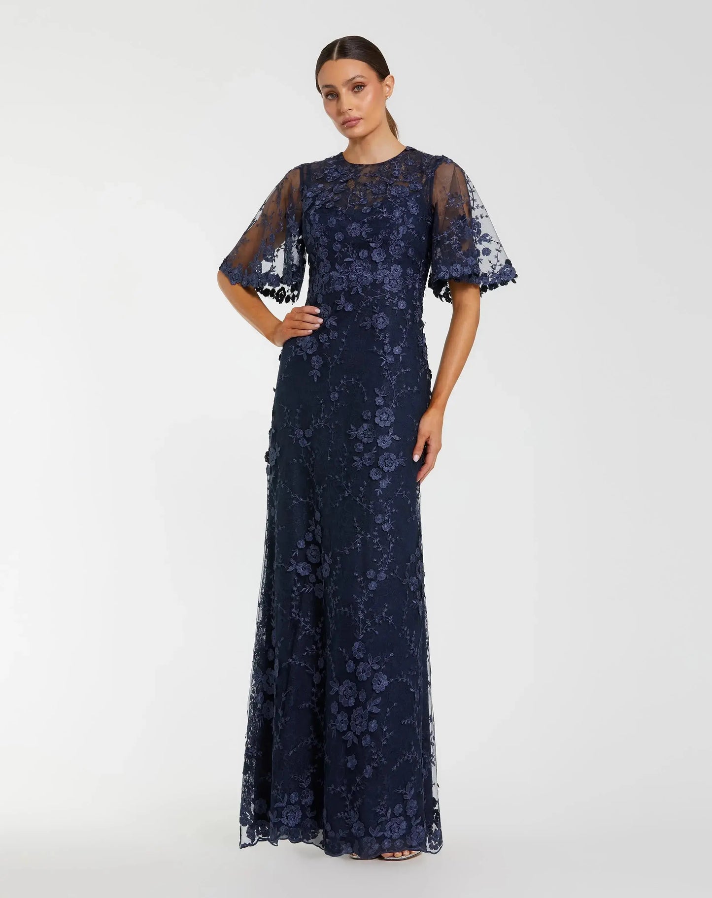 Navy Flutter Sleeve Floral Embroidered Net Gown - Mac Duggal
