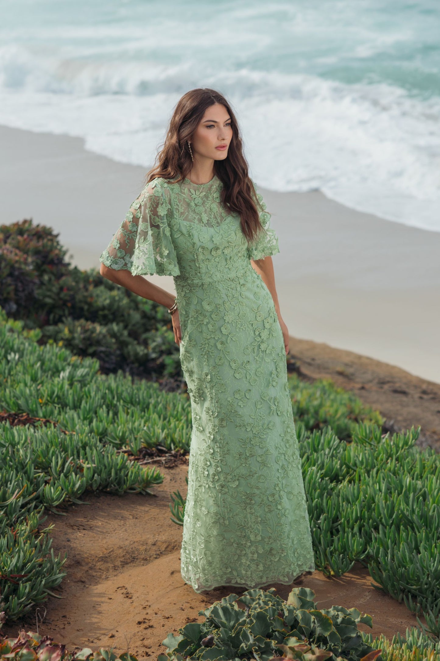 Green Flutter Sleeve Floral Embroidered Net Gown - Mac Duggal