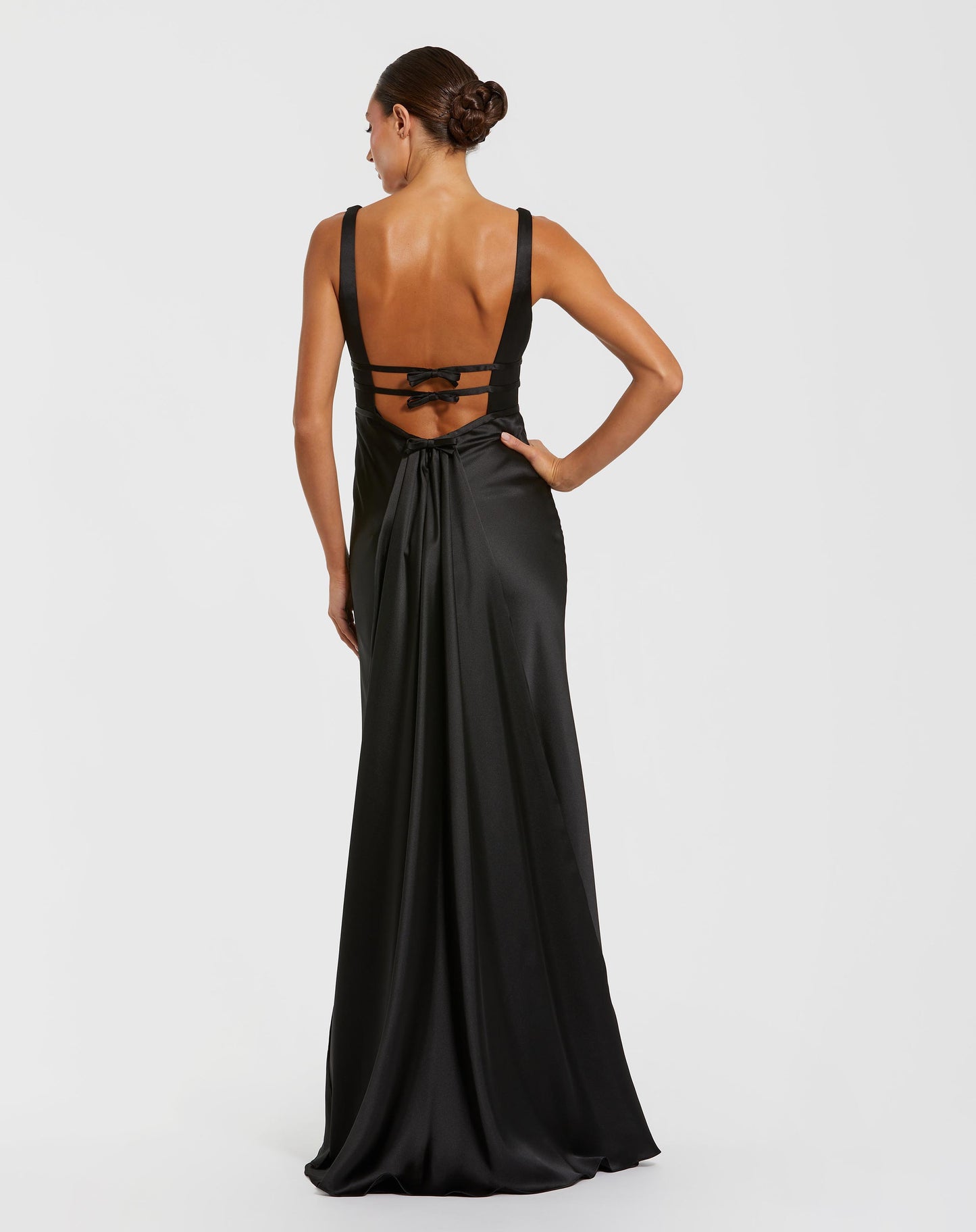Black Sleeveless V Neck Satin Gown With Bow Details Ieena for Mac Duggal