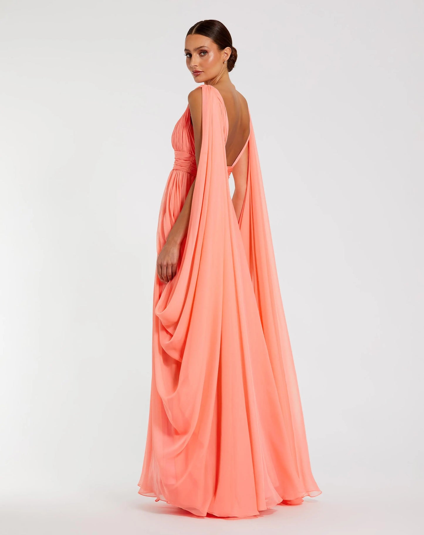 Pink V Neck Chiffon Gown With Draping Details - Mac Duggal