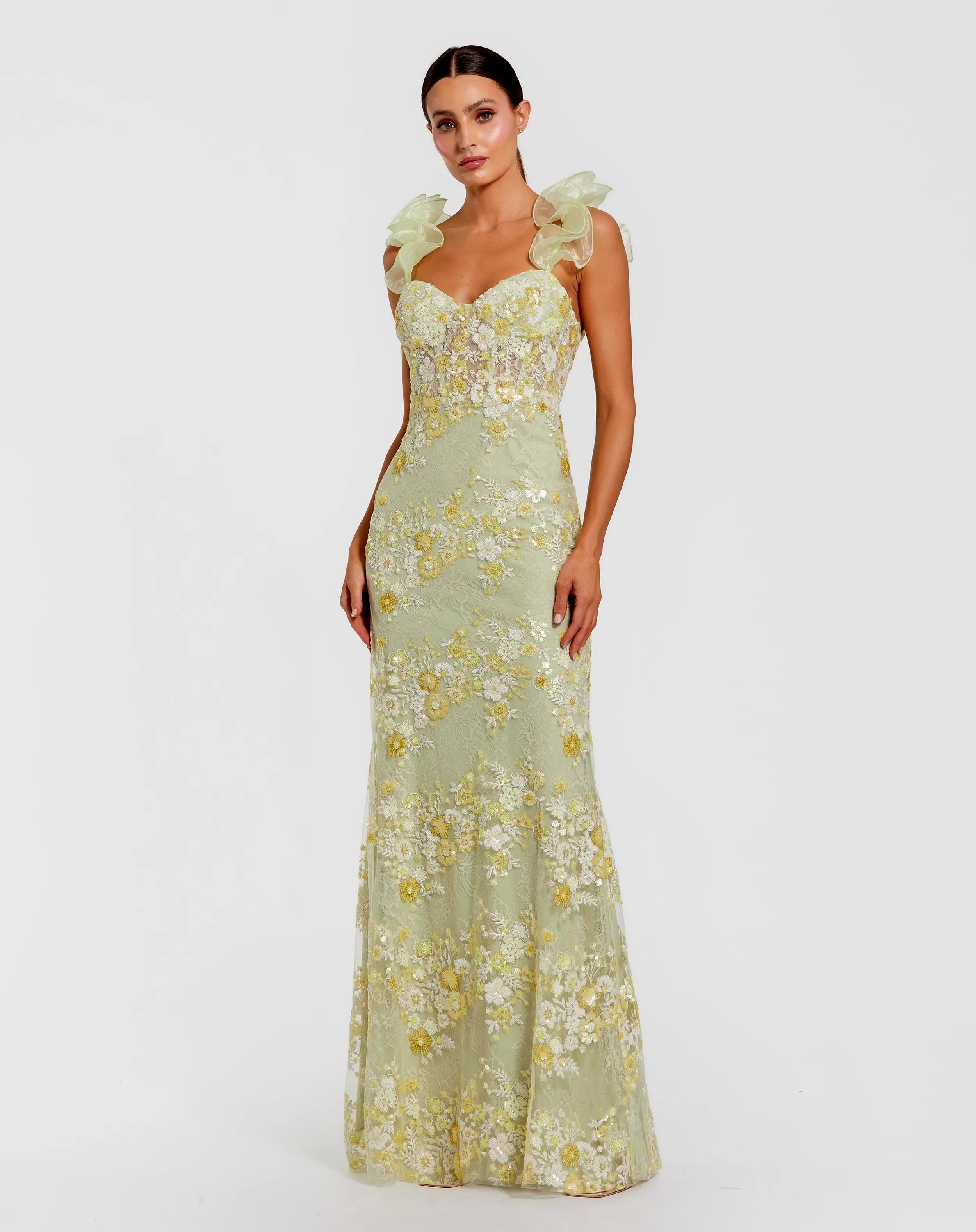 Green Embroidered Lace Floral Gown with Ruffle Straps | Mac Duggal Green Embroidered Lace Floral Gown with Ruffle Straps | Mac Duggal