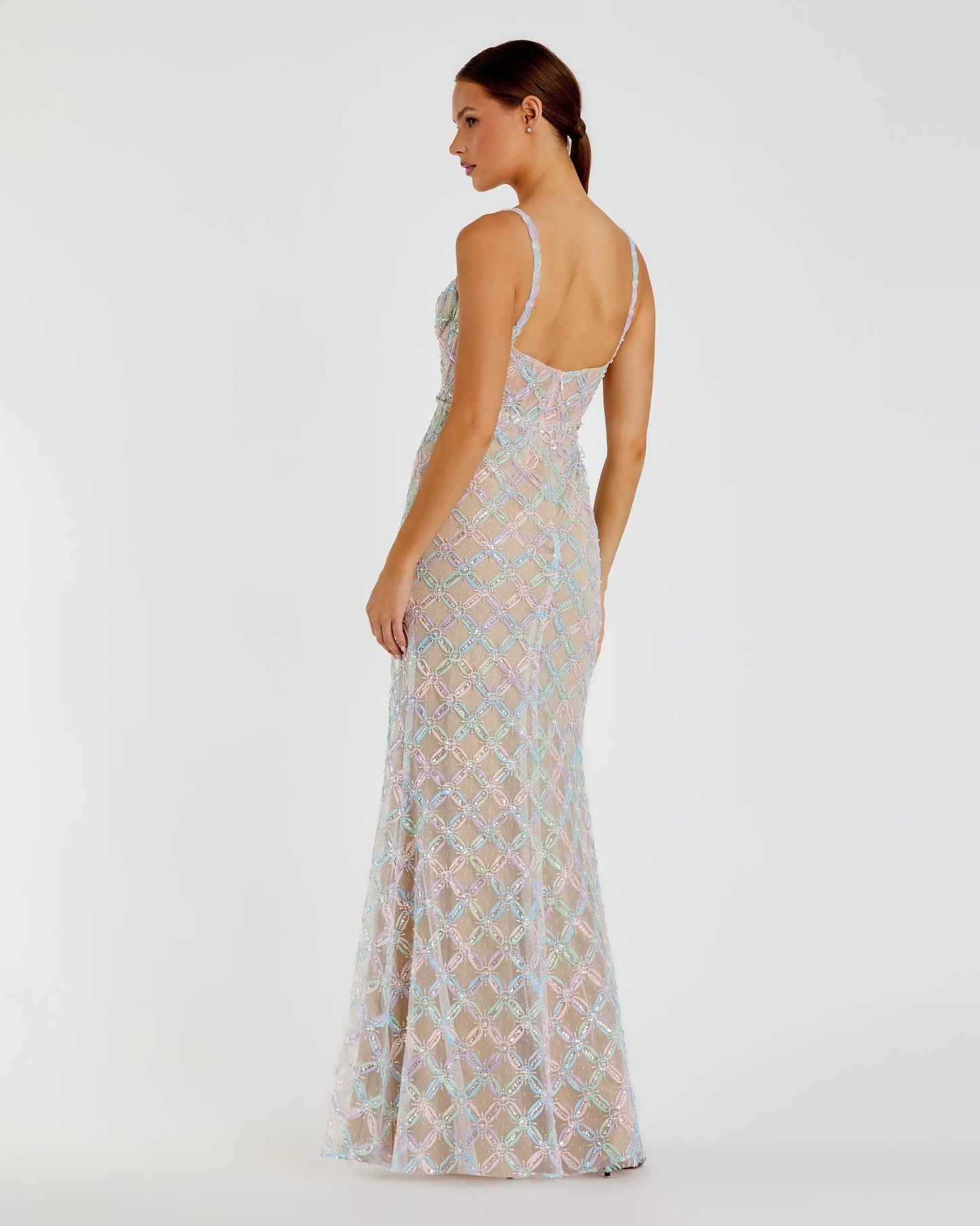 Beige Multicolor Pearl Embellished Bustier Column Gown Mac Duggal