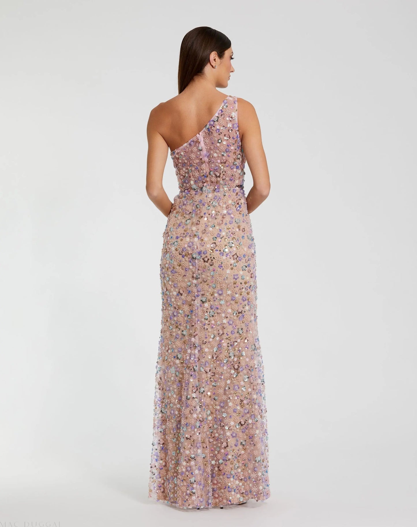 Pink Floral Embellished One-Shoulder Column Gown - Mac Duggal