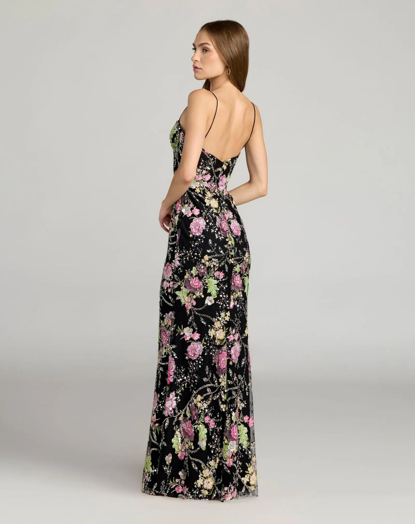 Black Embellished Bustier Floral Trumpet Gown- Mac Duggal