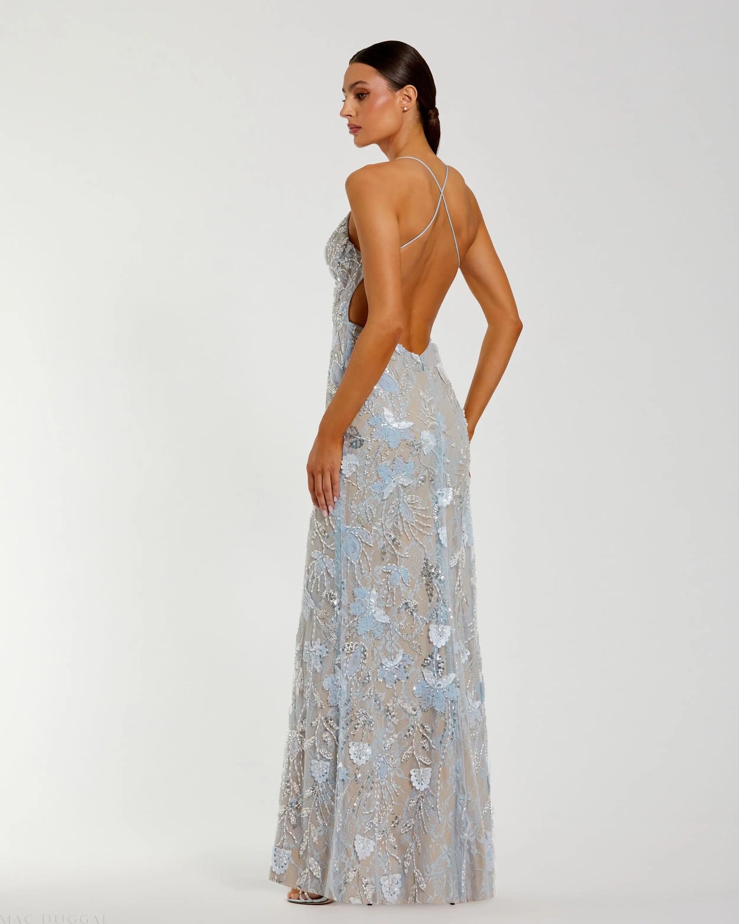 Blue Embroidered Sleeveless Open Back Column Gown Mac Duggal