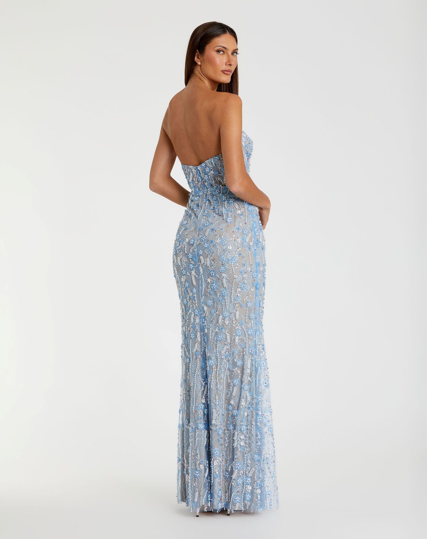Blue Embellished Lace Strapless Bustier Gown - Mac Duggal