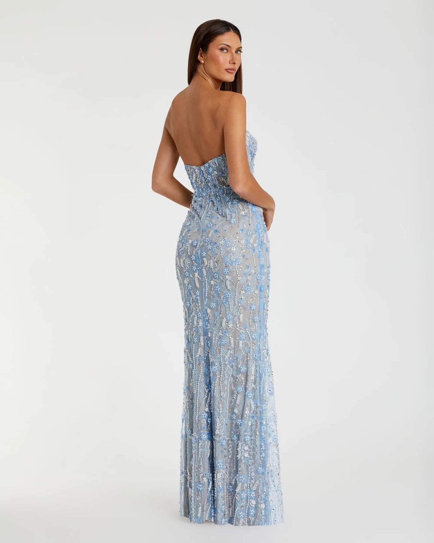 Blue Embellished Lace Strapless Bustier Gown - Mac Duggal