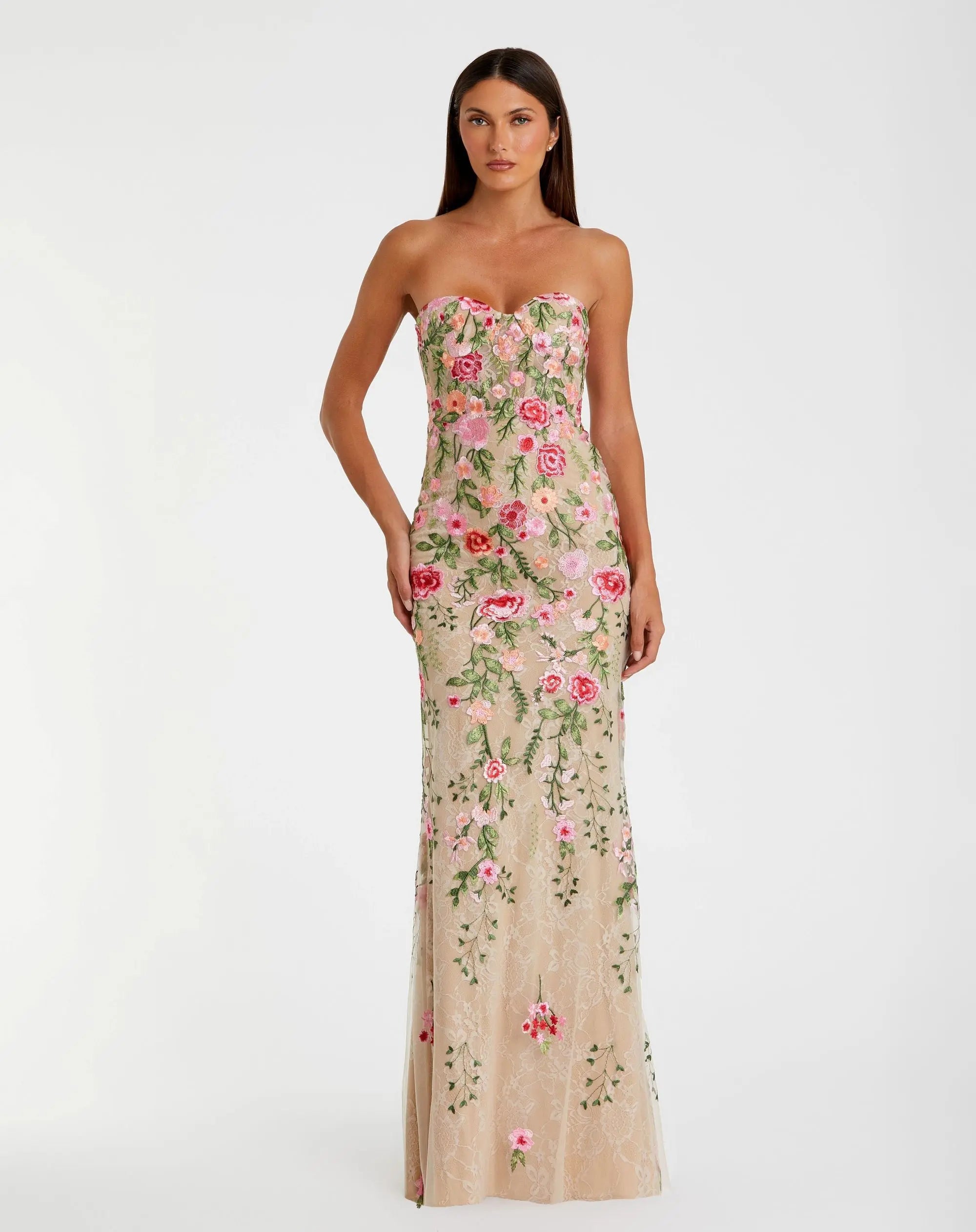 Beige Floral Embroidered Strapless Bustier Gown | Mac Duggal