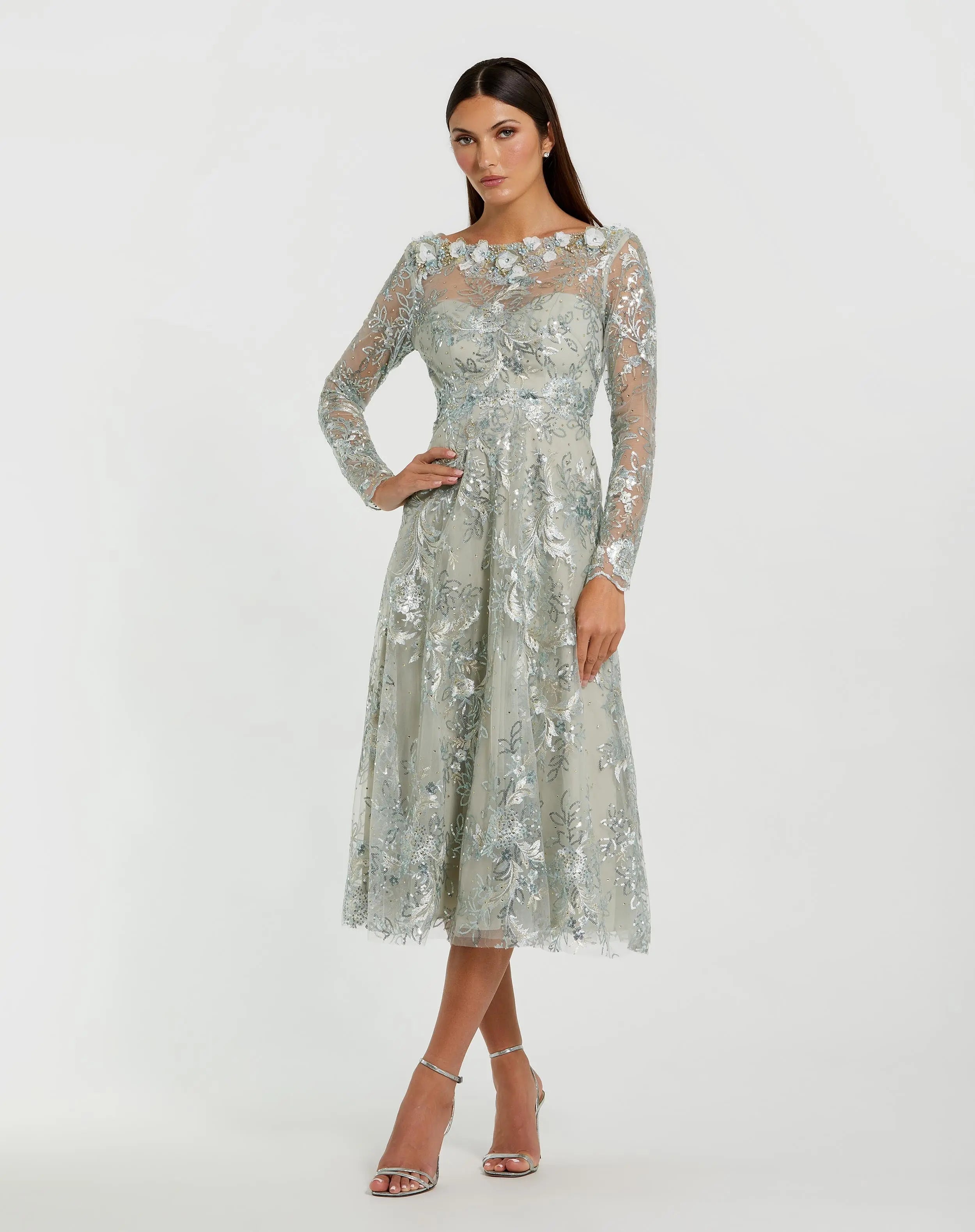 Blue Embellished Illusion Long Sleeve Midi Dress | Mac Duggal