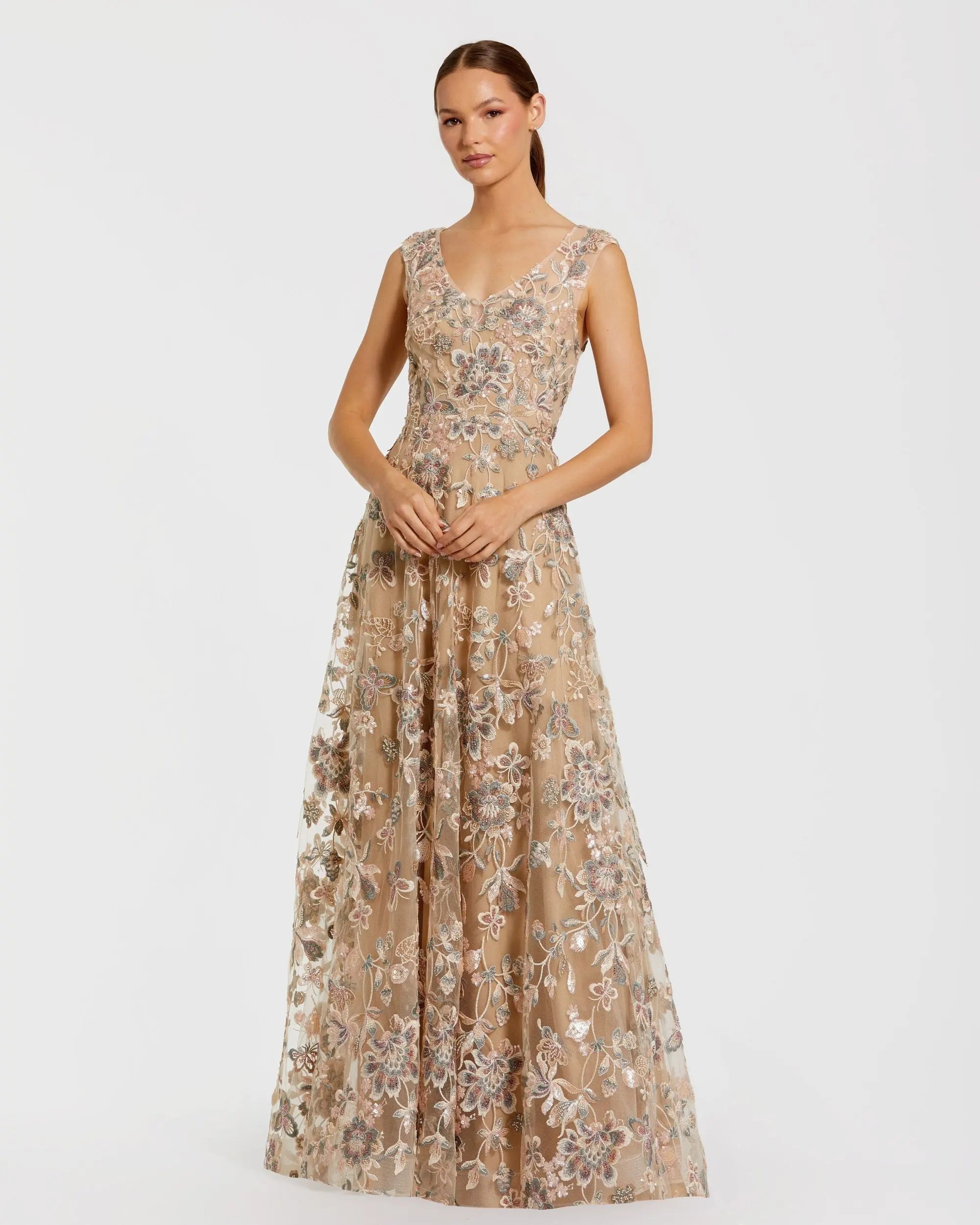 Beige Floral Embroidered Sleeveless V Neck Gown | Mac Duggal Beige Floral Embroidered Sleeveless V Neck Gown | Mac Duggal