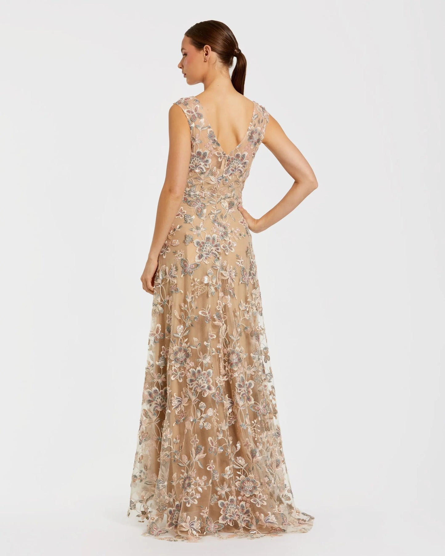 Beige Floral Embroidered Sleeveless V Neck Gown Mac Duggal