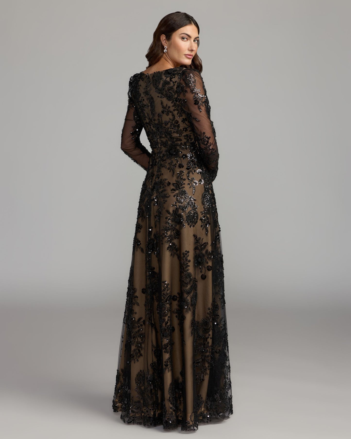 Black Embroidered Long Sleeve V-Neck Gown Mac Duggal
