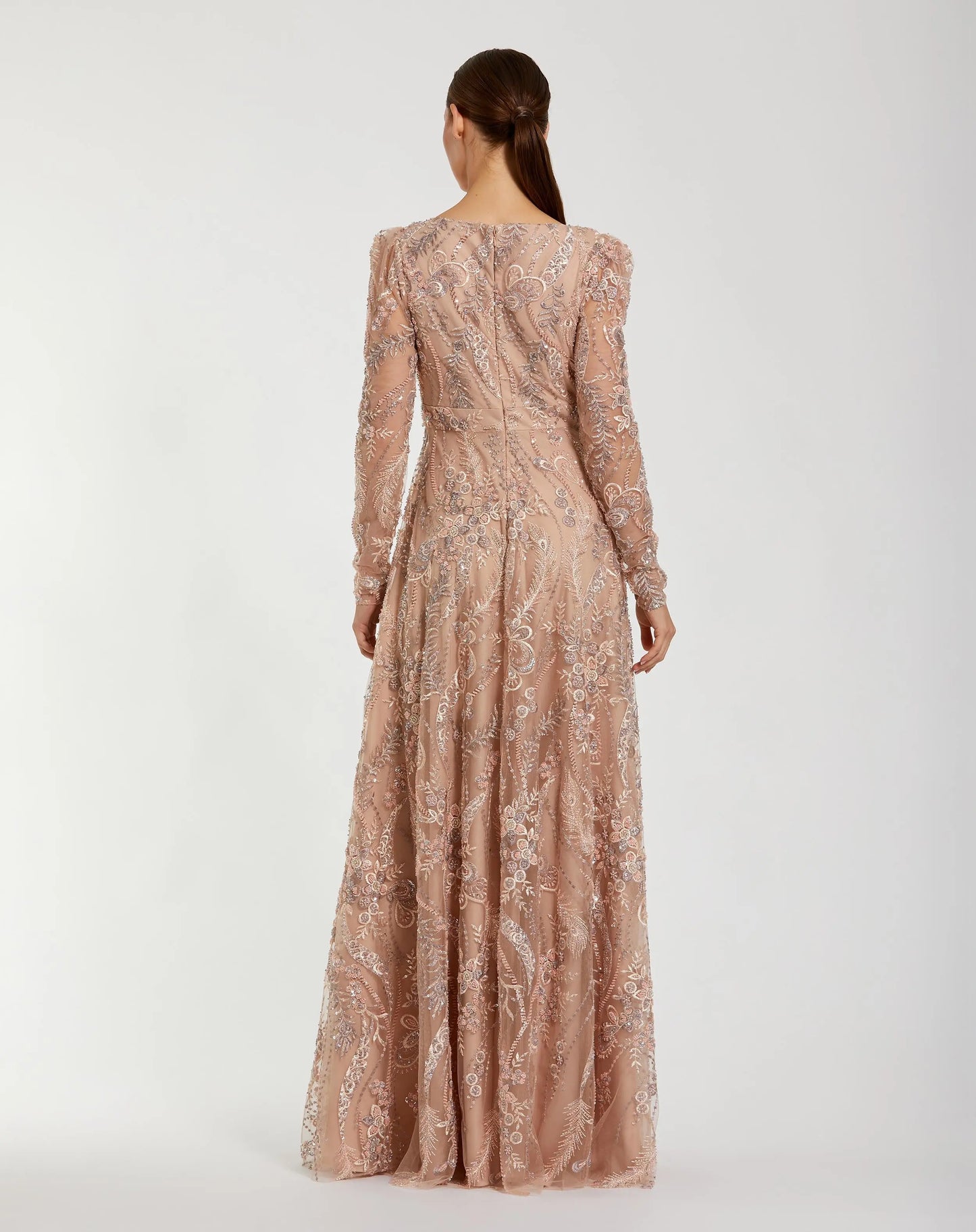 Beige Embroidered Long Sleeve V Neck Gown Mac Duggal