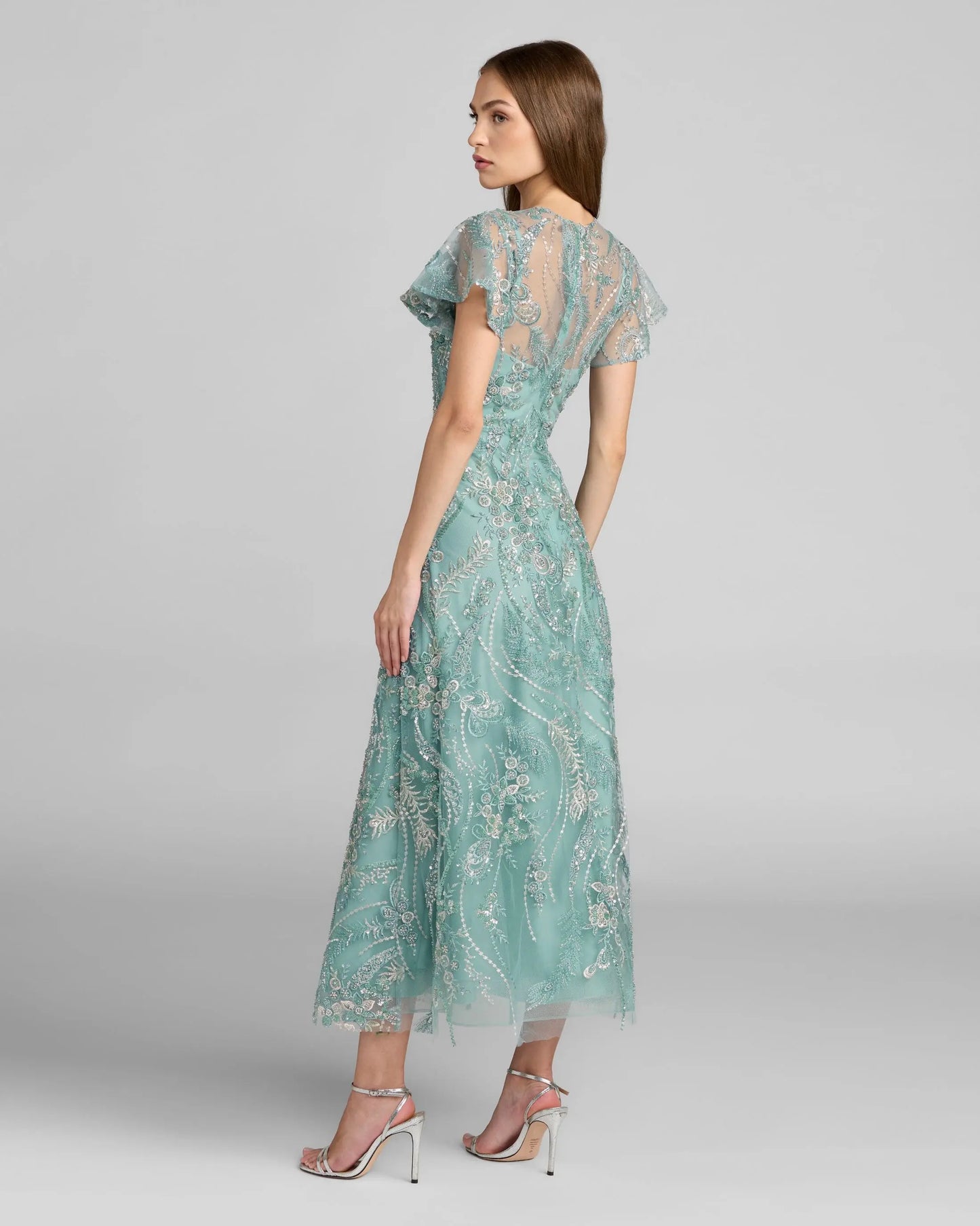 Blue Embroidered Flutter Sleeve Midi Dress Mac Duggal
