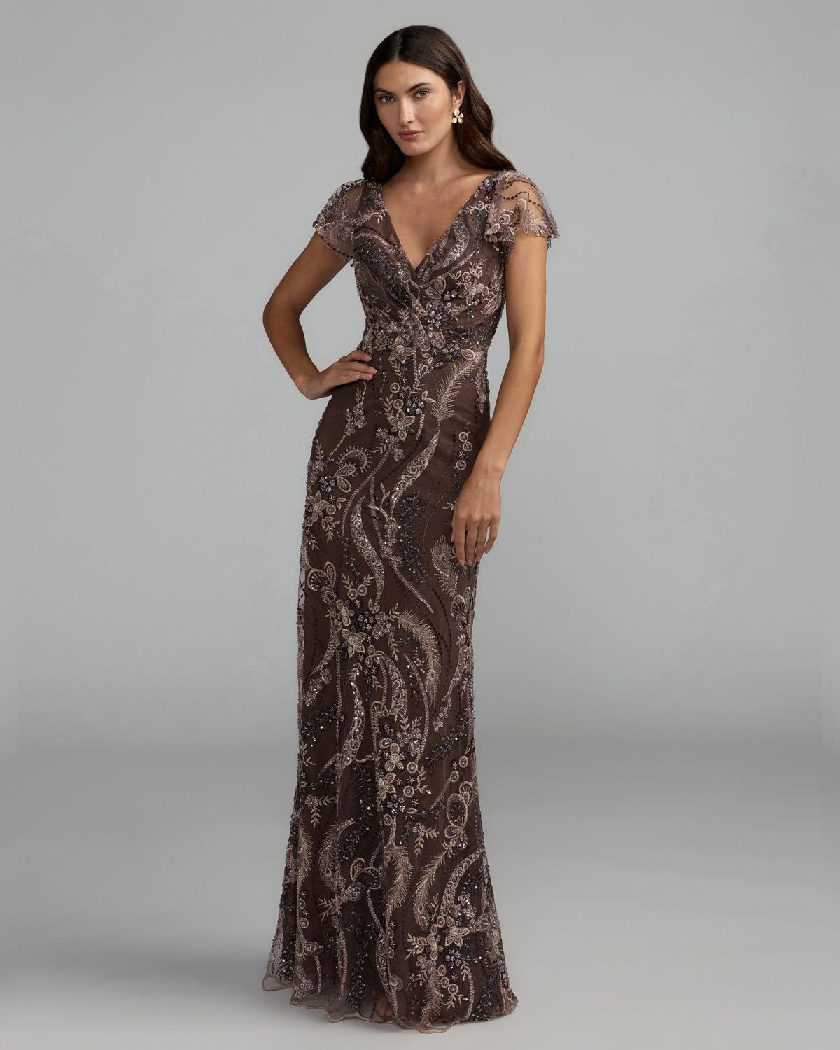 Brown V Neck Flutter Sleeve Embroidered Lace Gown - Mac Duggal