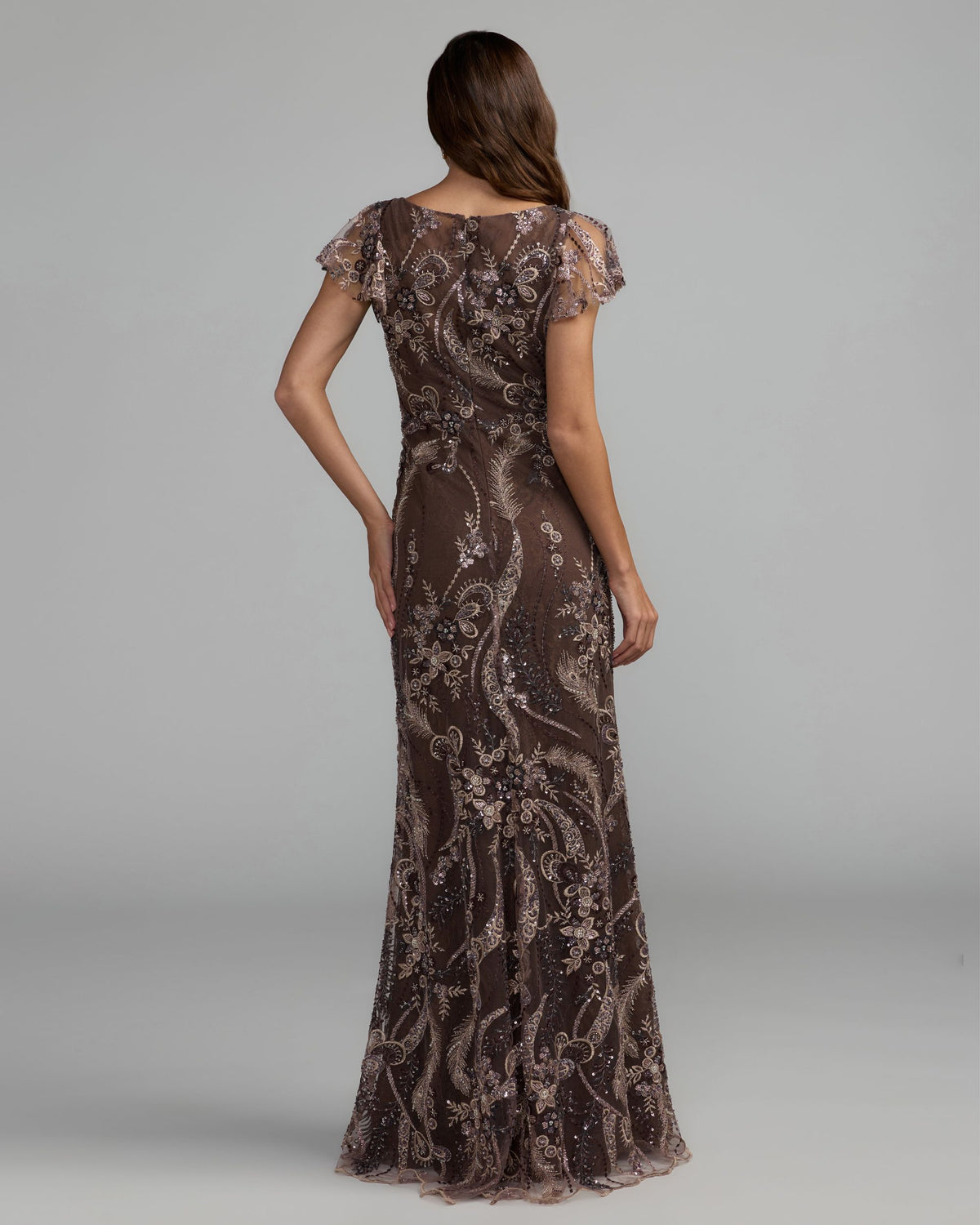 Brown V Neck Flutter Sleeve Embroidered Lace Gown - Mac Duggal
