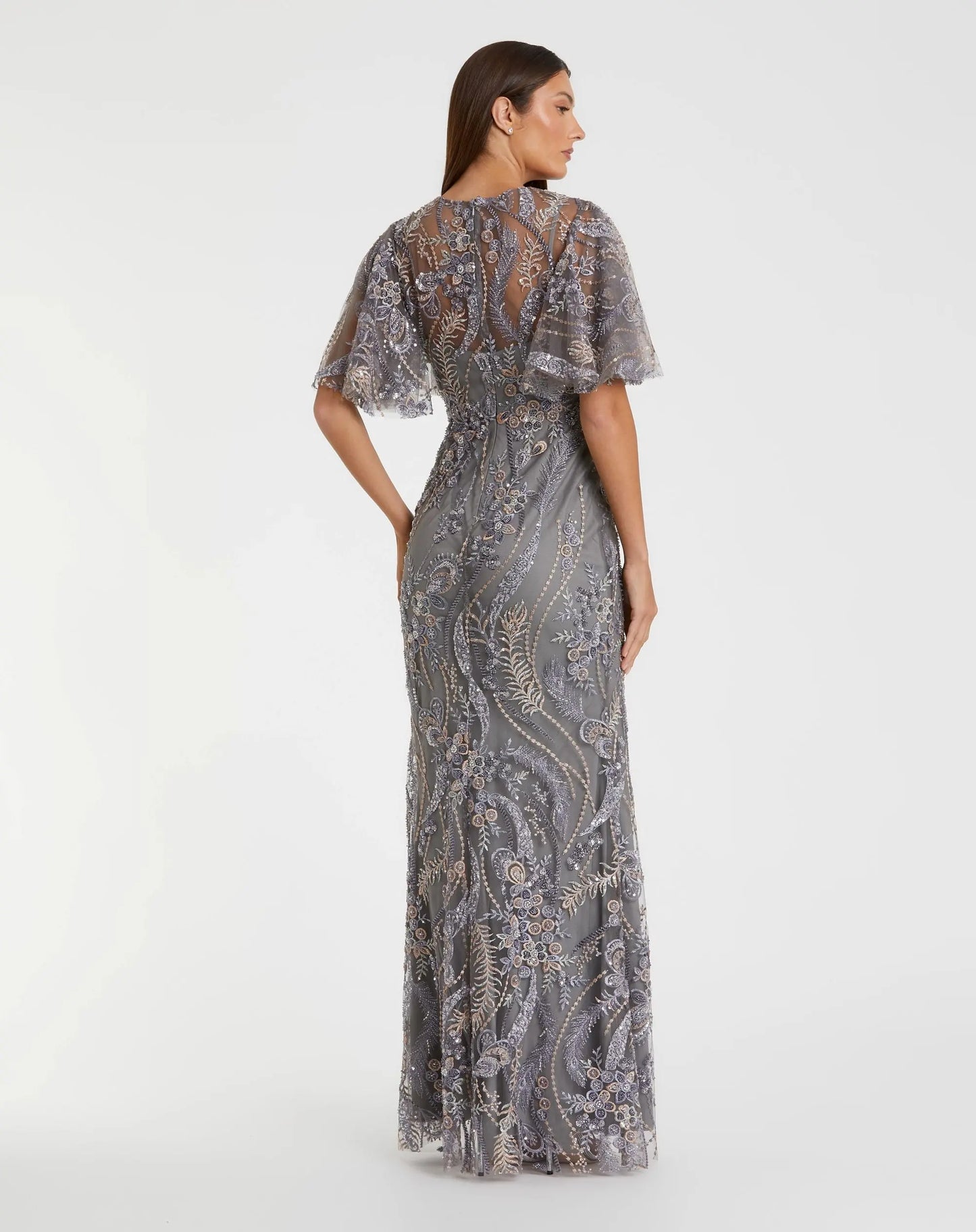 Gray High Neck Flutter Sleeve Embroidered Gown - Mac Duggal