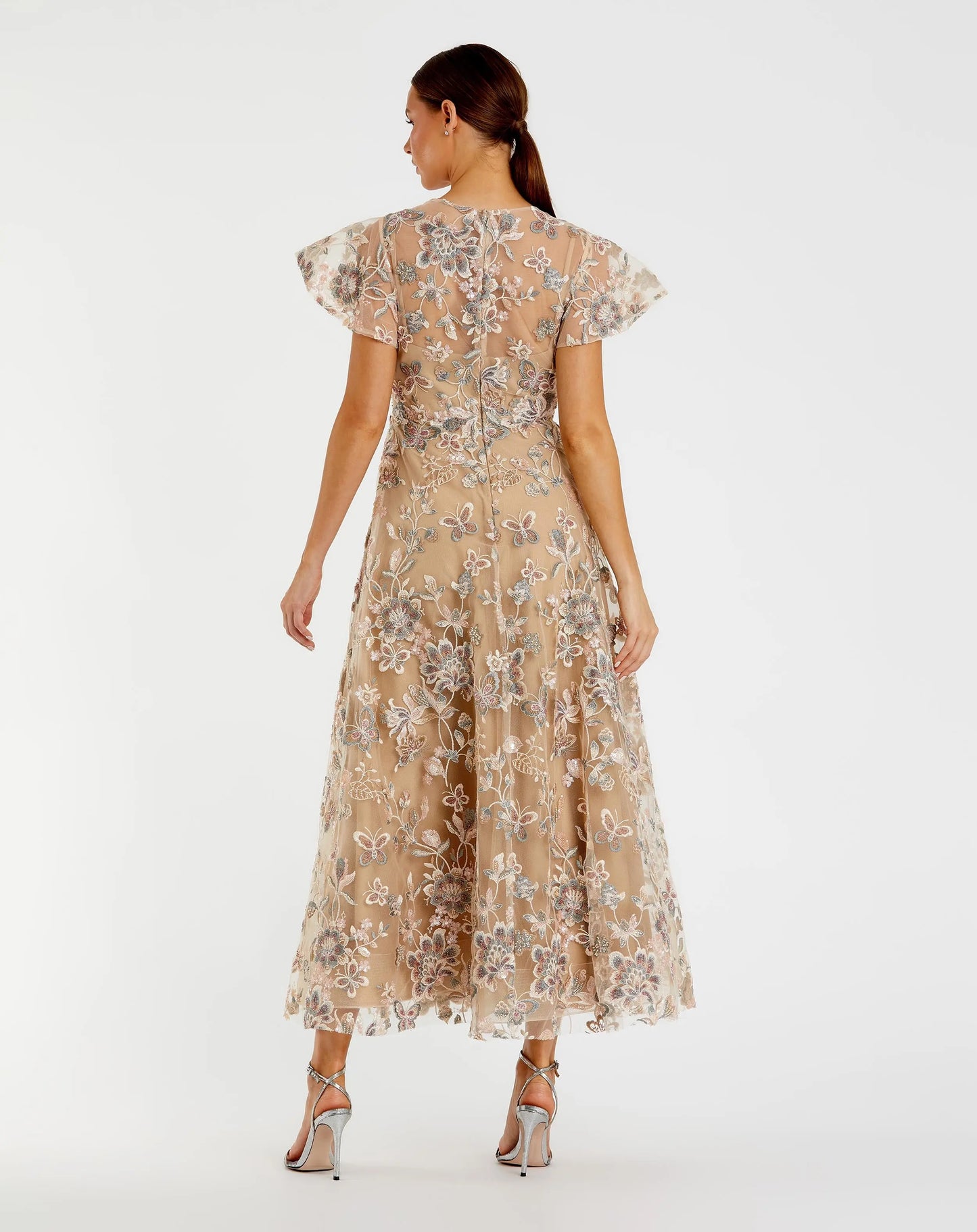 Beige Flutter Sleeve Butterfly Embroidered Maxi Dress - Mac Duggal