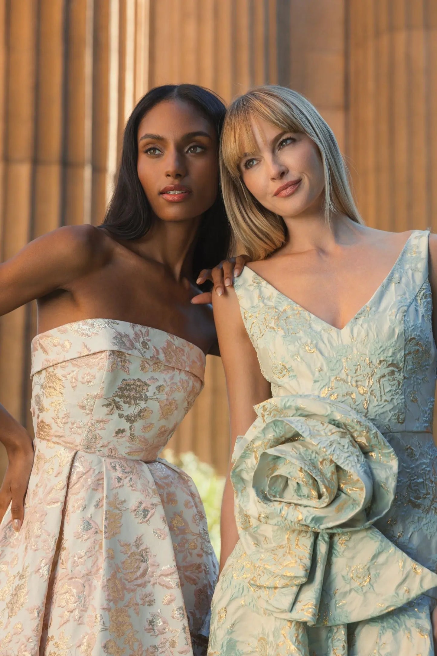 Pink and White Strapless Floral Brocade A Line Midi Dress - Mac Duggal