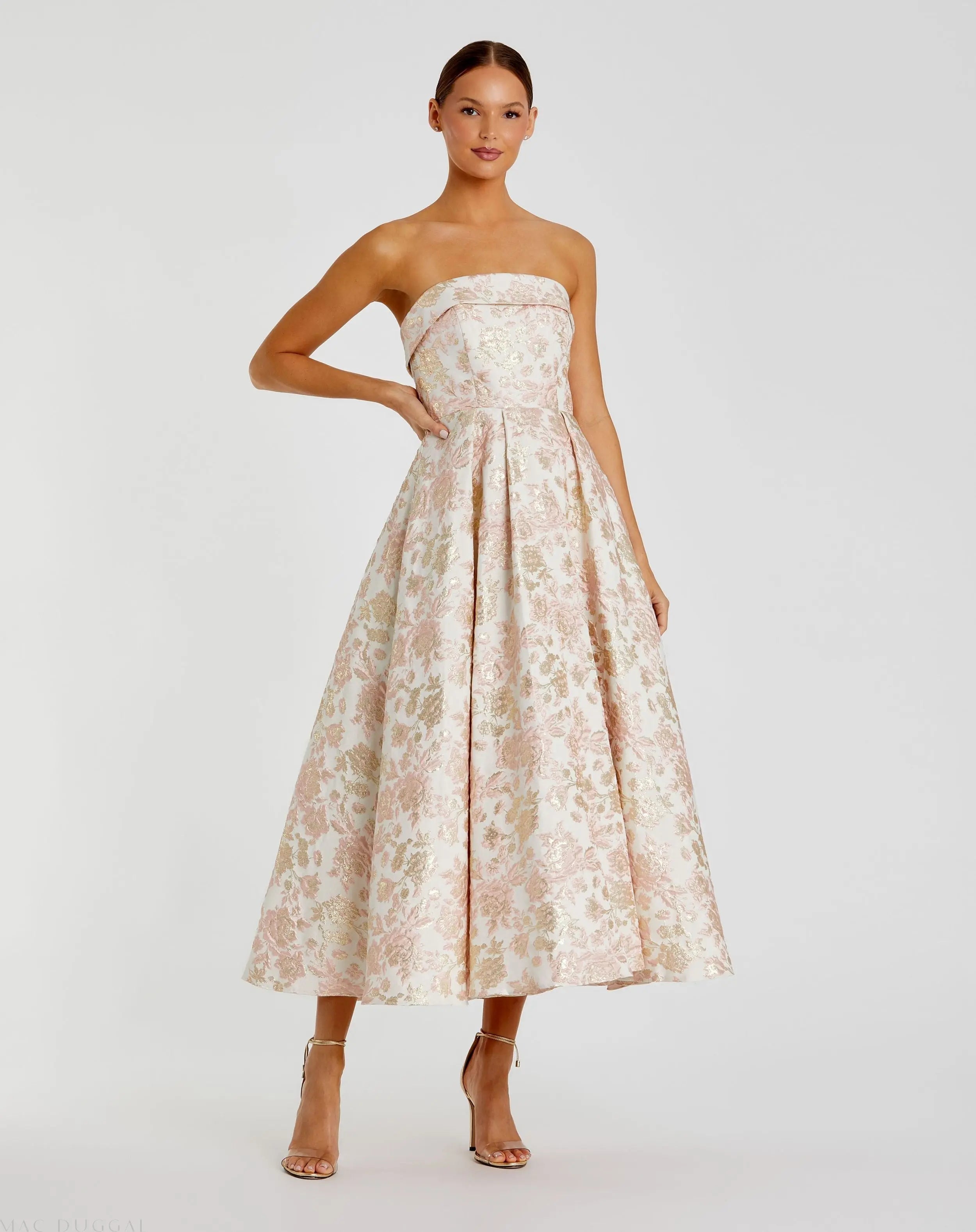 Pink and White Strapless Floral Brocade A Line Midi Dress | Mac Duggal Pink and White Strapless Floral Brocade A Line Midi Dress | Mac Duggal
