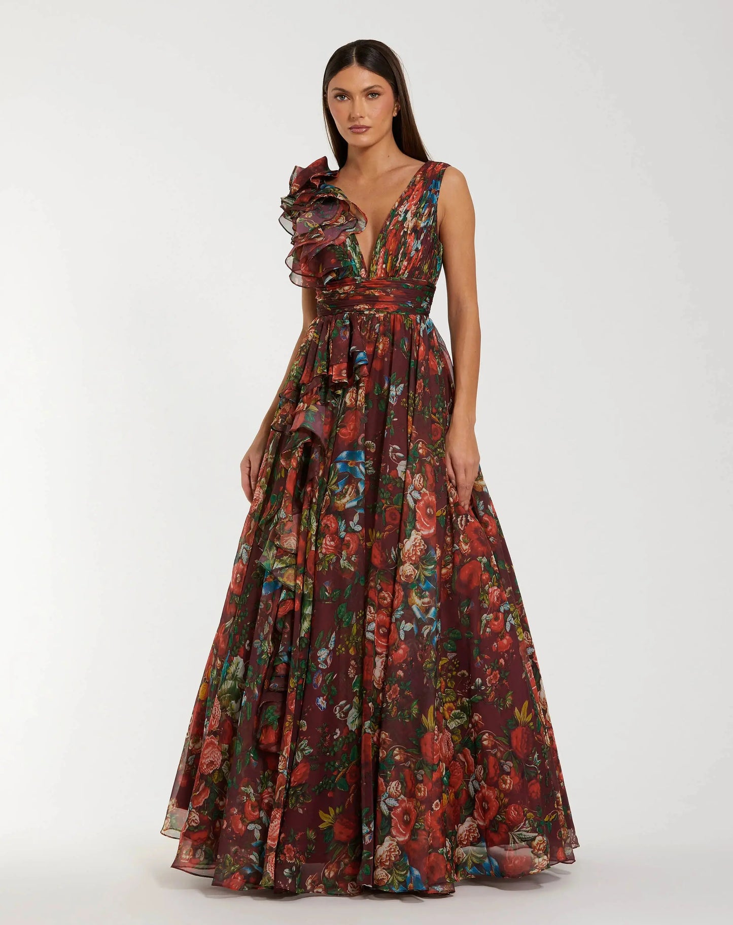 Wine Sleeveless V-Neck Floral Chiffon Ruffle Ball Gown - Mac Duggal