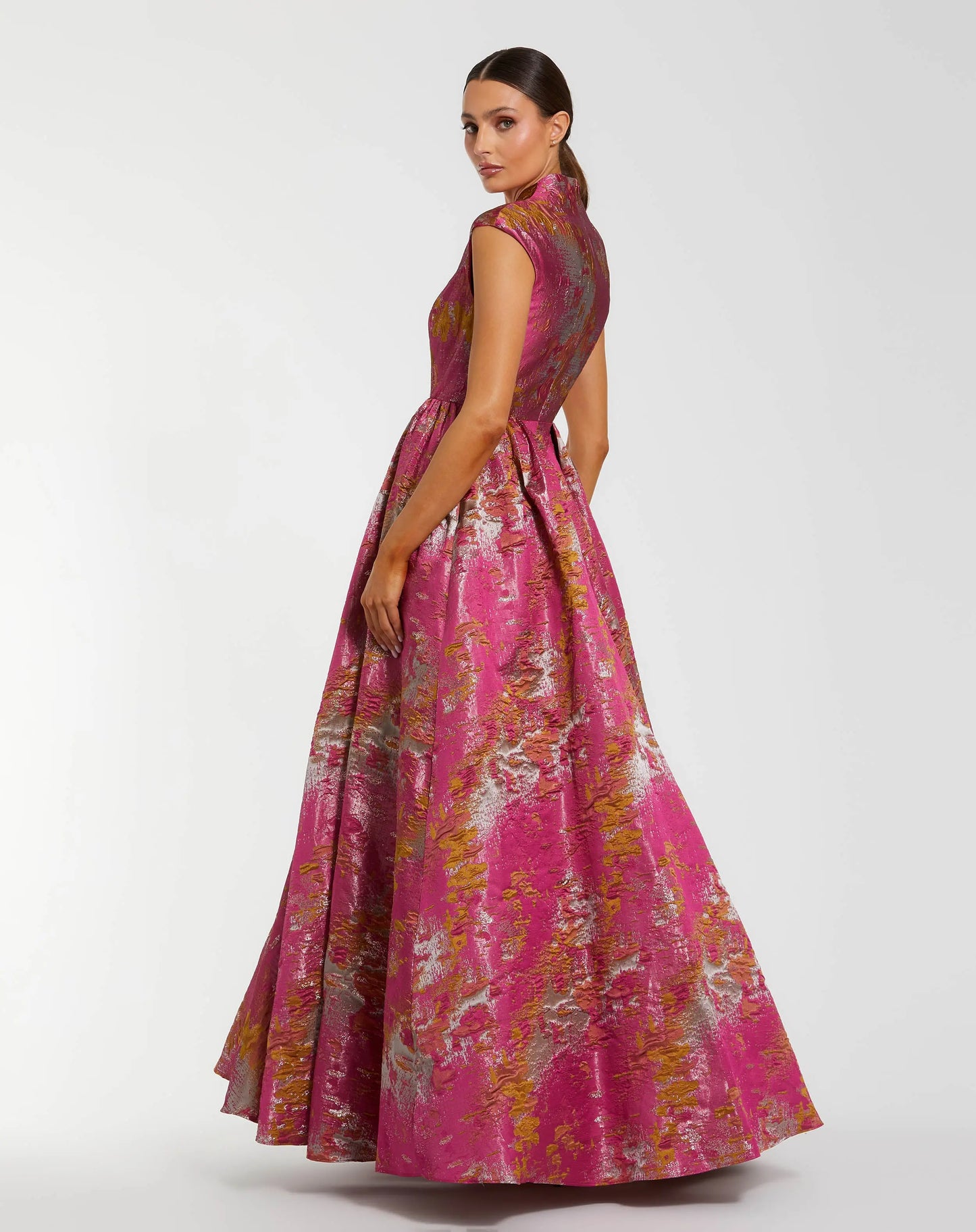 Pink Metallic Jacquard Ball Gown with Mandarin Collar and Cap Sleeves - Mac Duggal