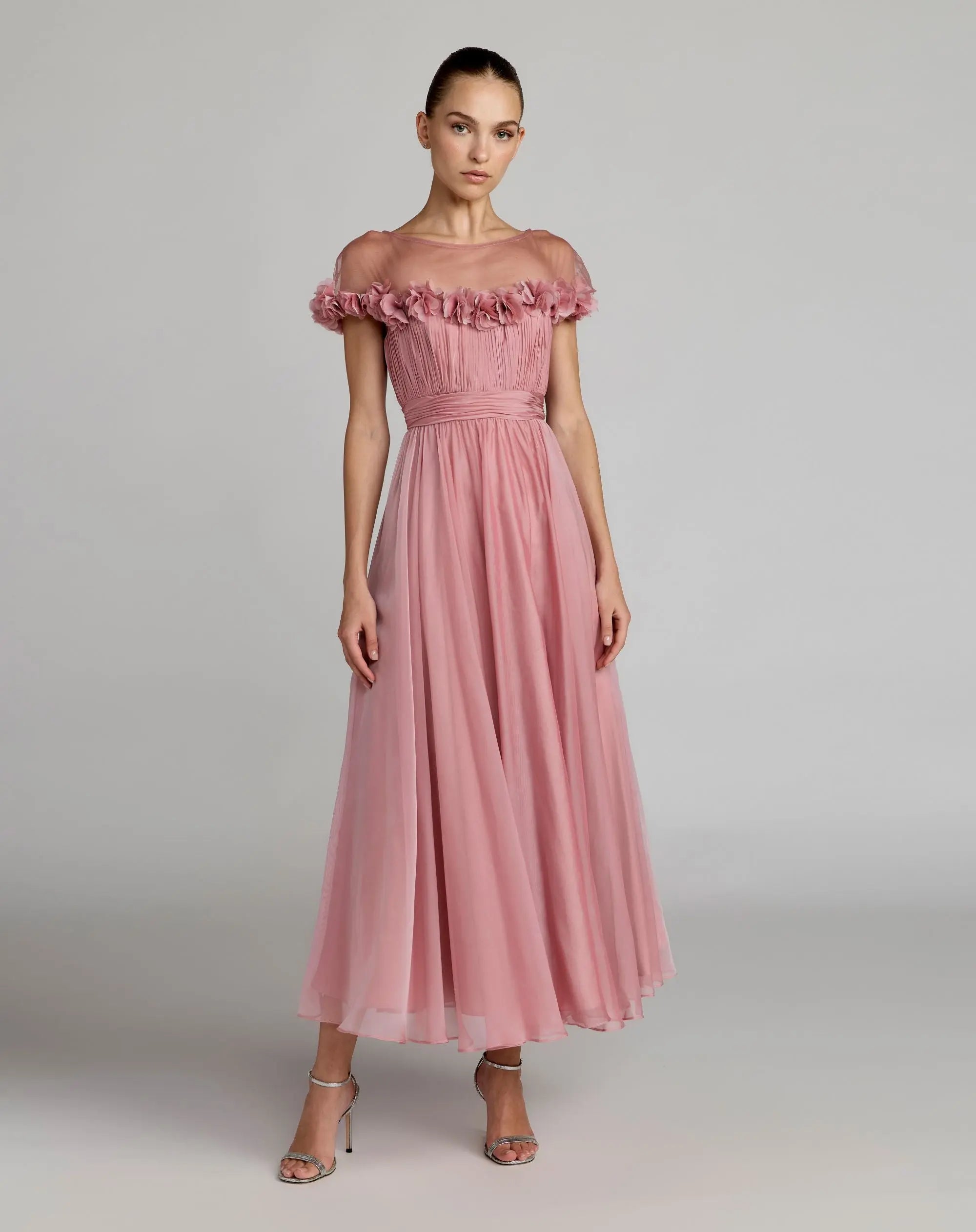 slim fit dress slacks Pink Chiffon Illusion Neck Midi Dress With 3D Flowers
