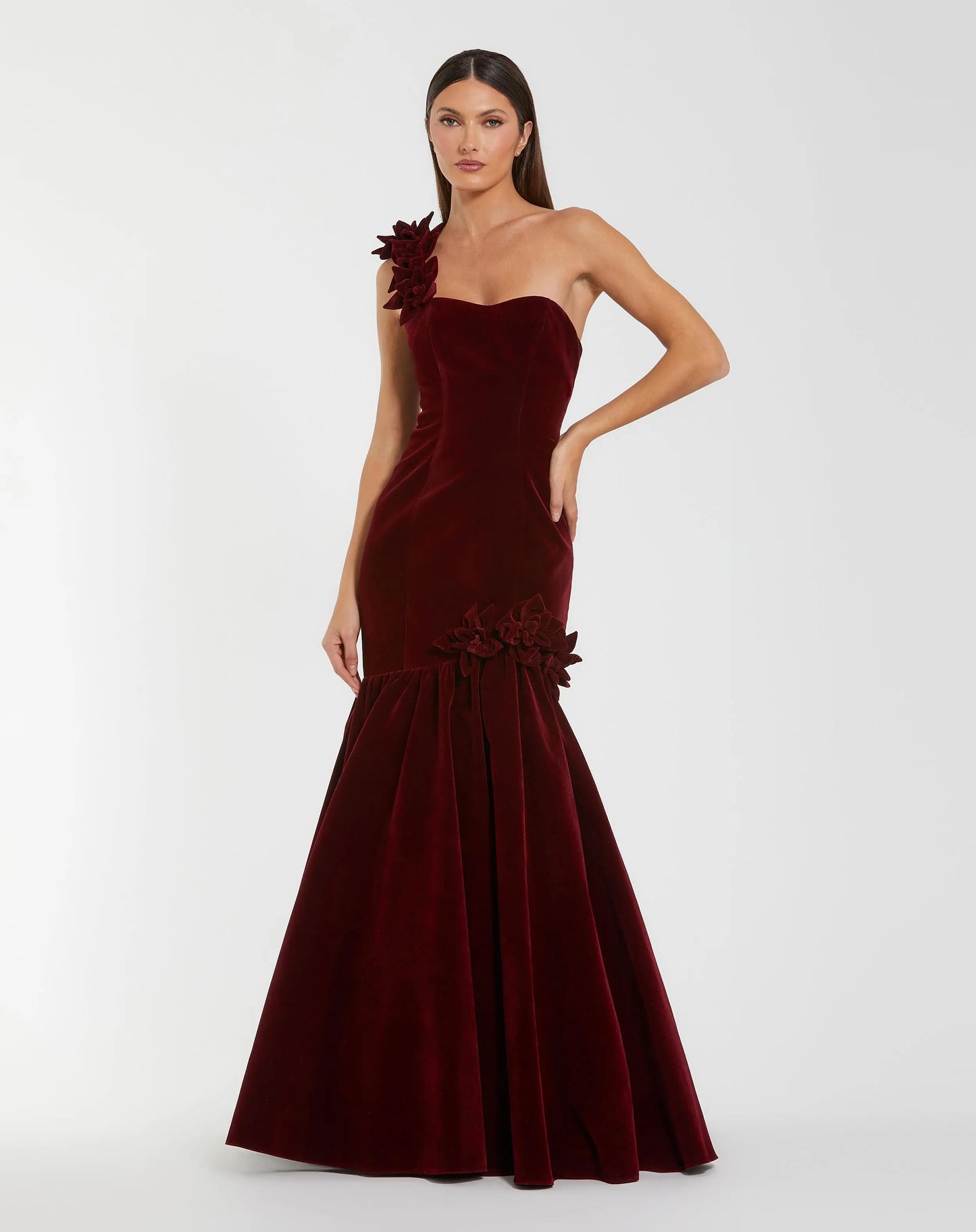 Dark Red One Shoulder Velvet Trumpet Gown With 3D Flowers - Mac Duggal