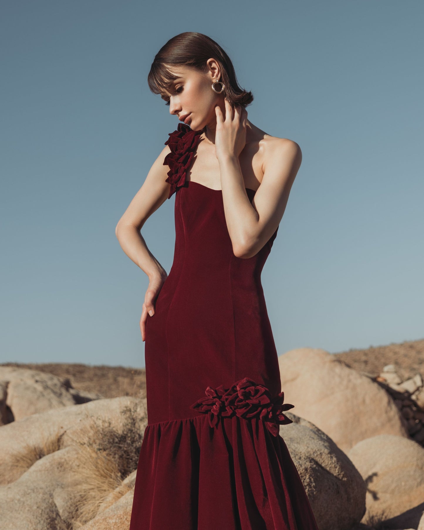 Dark Red One Shoulder Velvet Trumpet Gown With 3D Flowers - Mac Duggal