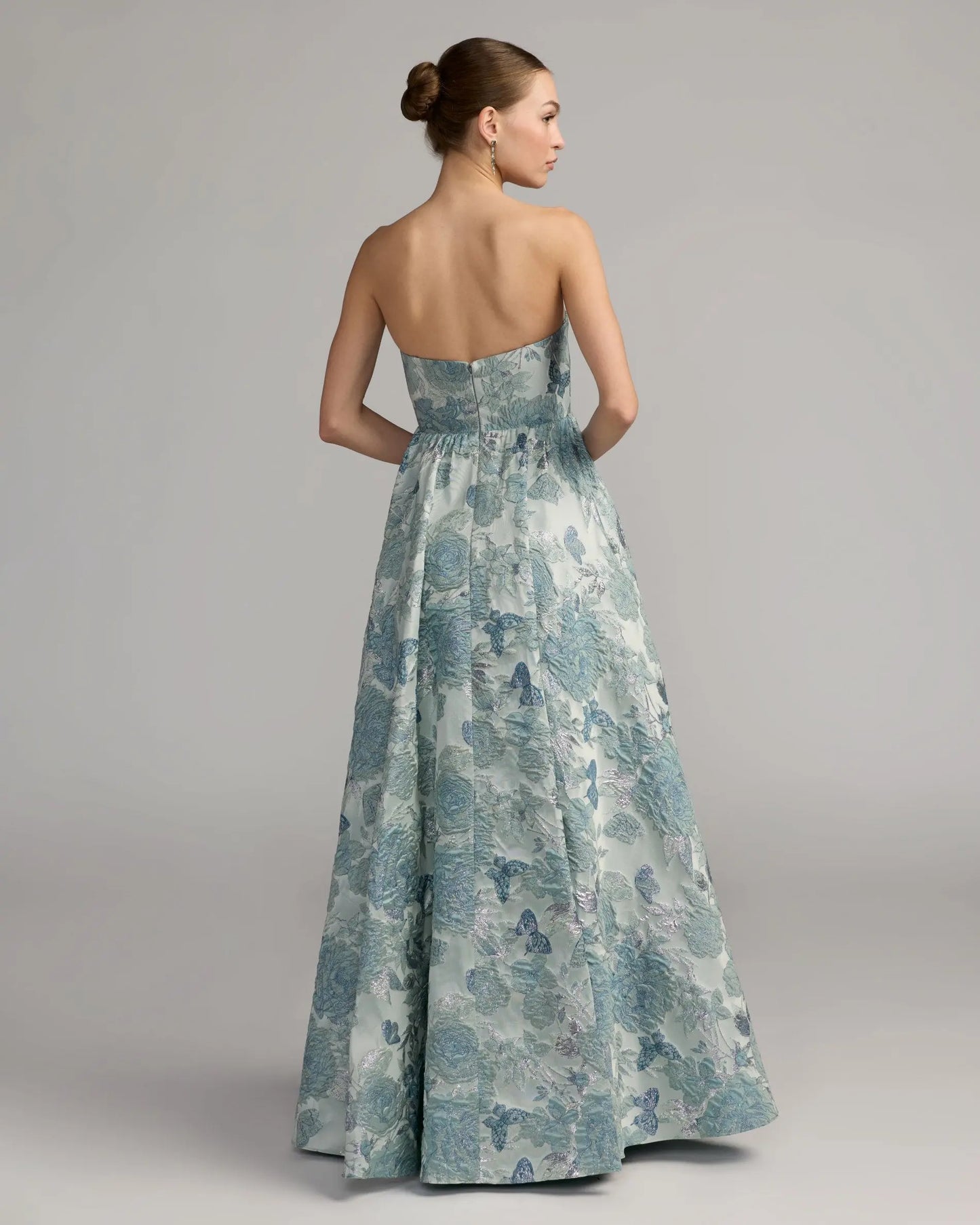 Blue Strapless Floral Brocade Ball Gown Mac Duggal