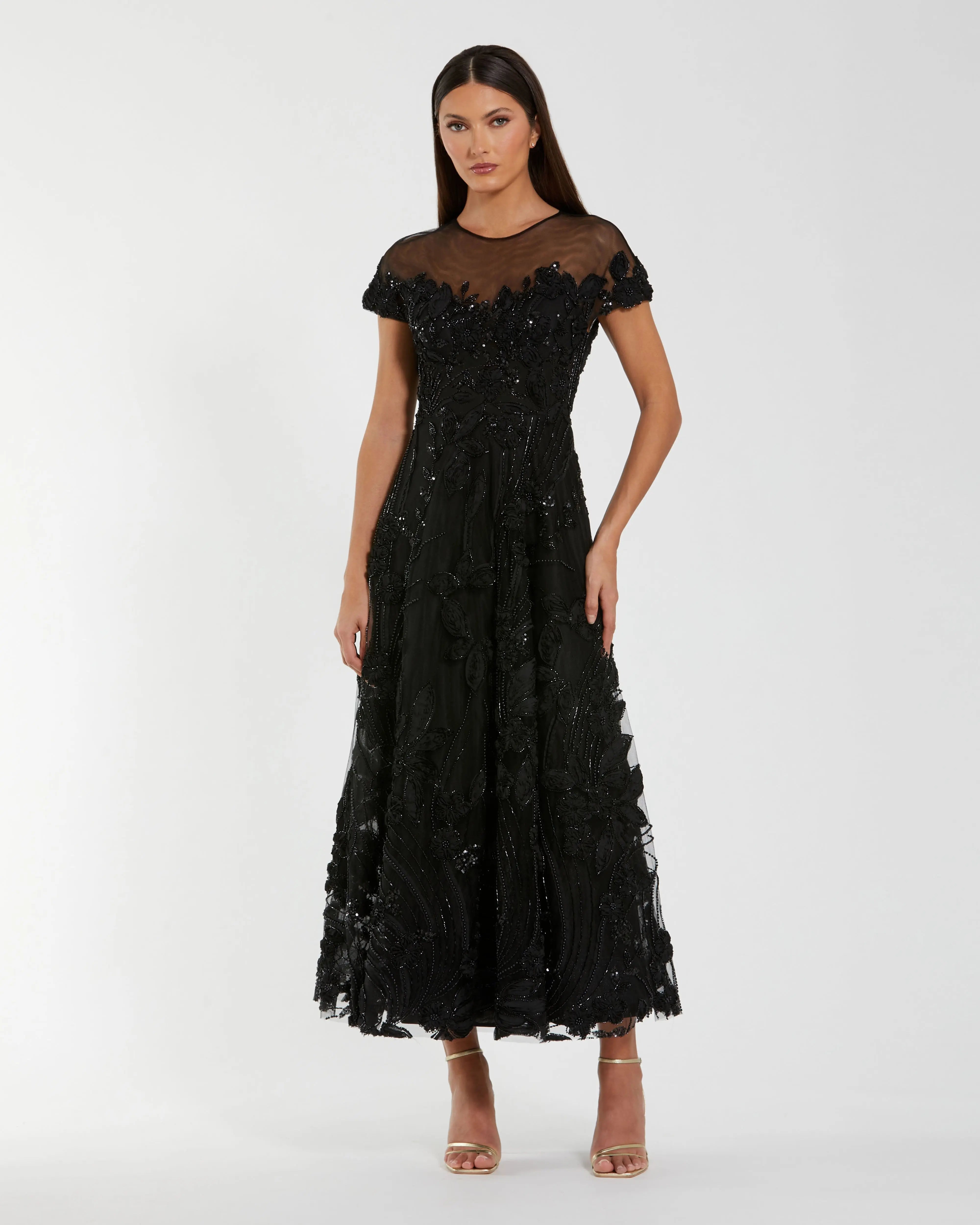 mac duggal womens lace embellished evening dress Black Embellished Lace Illusion Neck A-Line Midi Dress