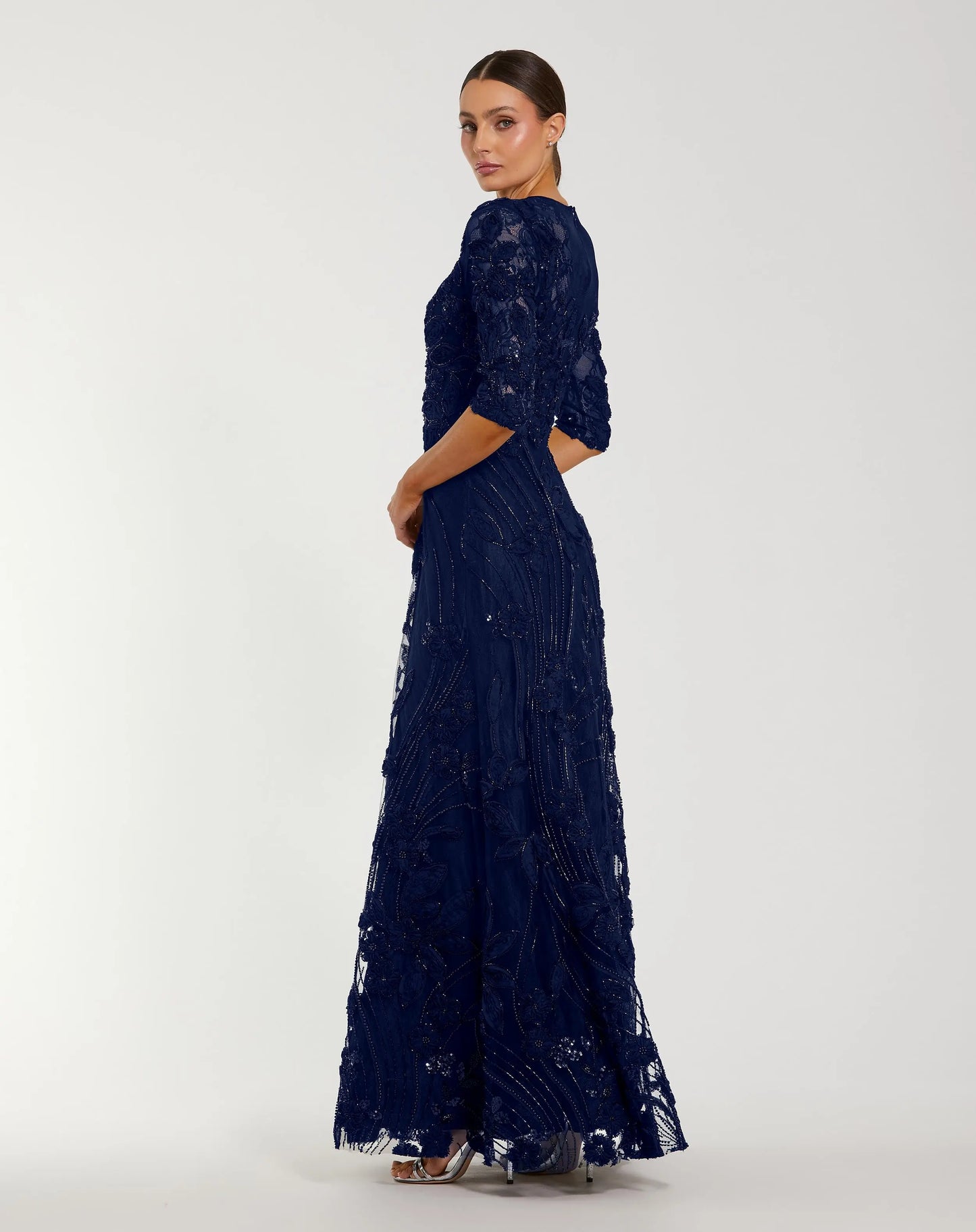 Navy 3/4 Sleeve High Neck Embroidered A Line Gown - Mac Duggal