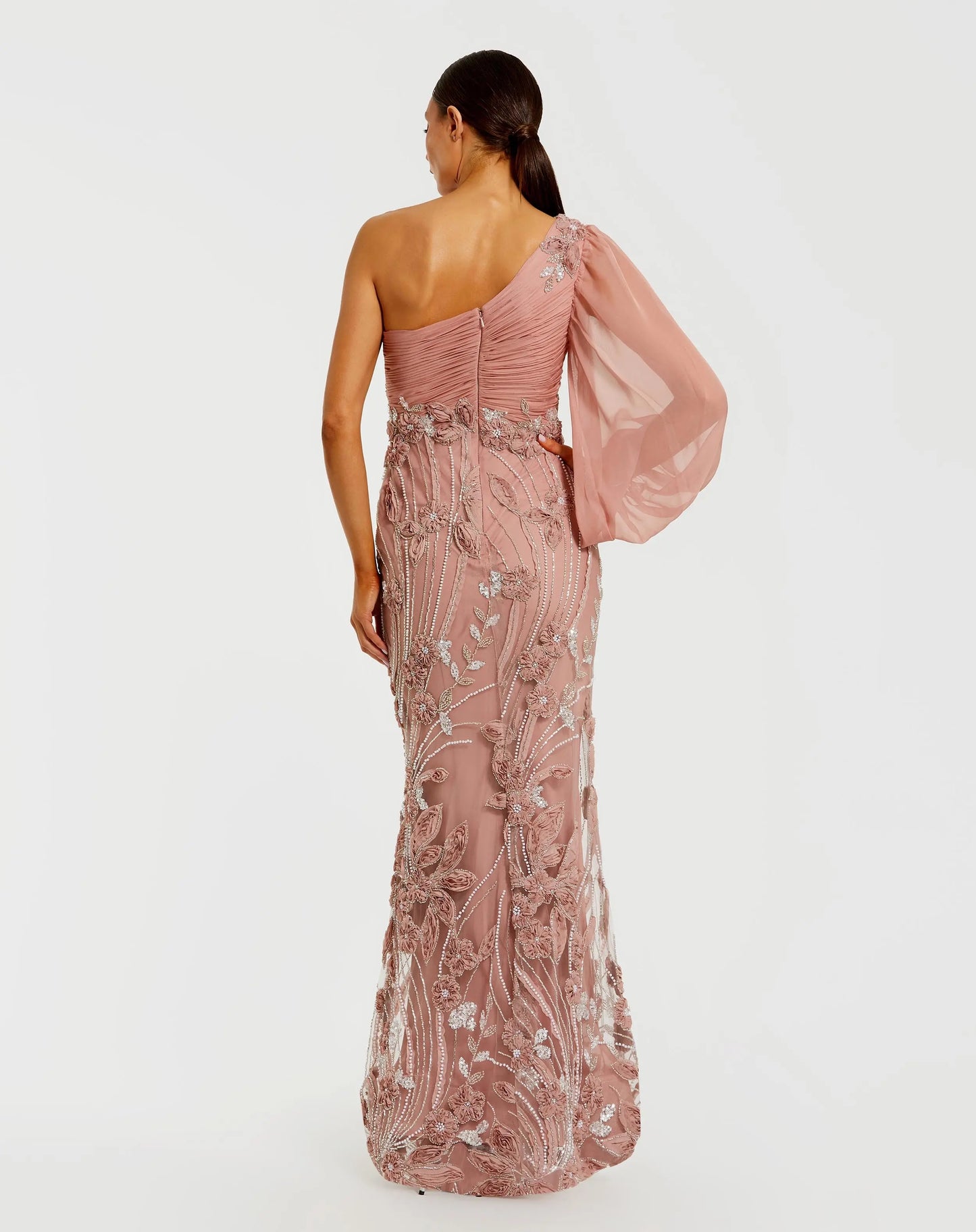 Pink One Sleeve Chiffon Embellished Gown Mac Duggal