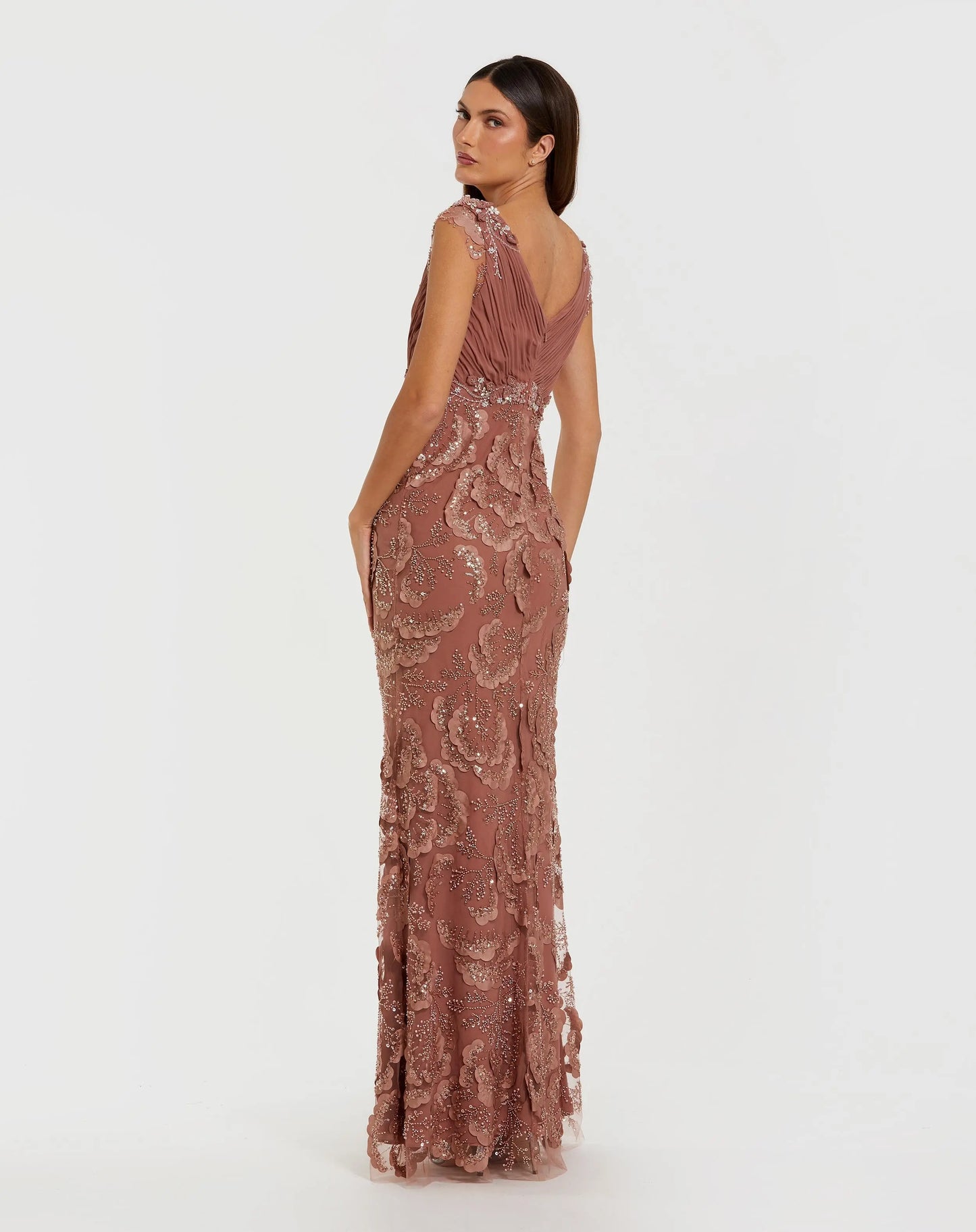 Pink Floral Beaded Chiffon V-Neck Evening Gown - Mac Duggal
