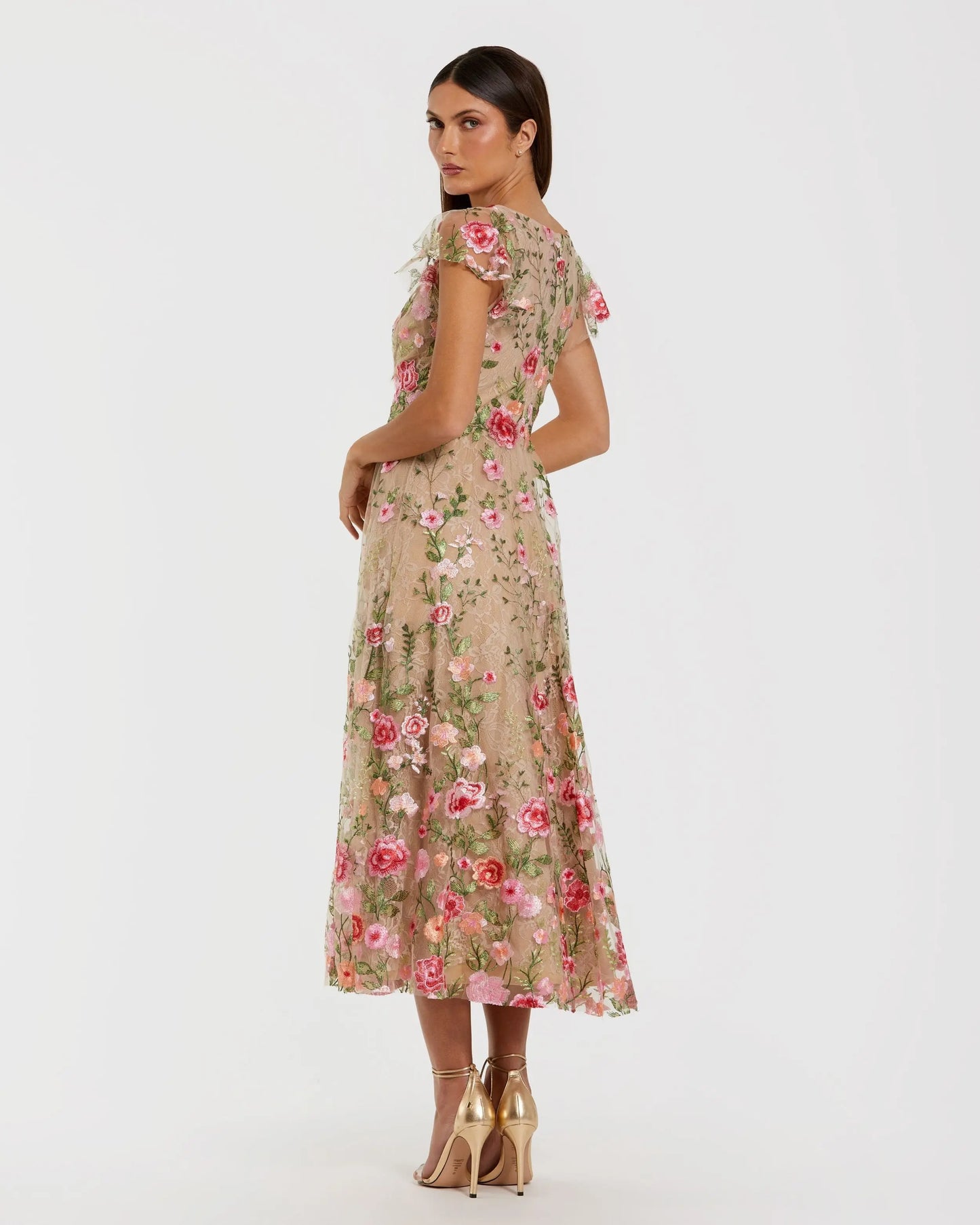 Beige Floral Embroidered Flutter Sleeve Midi Dress Mac Duggal