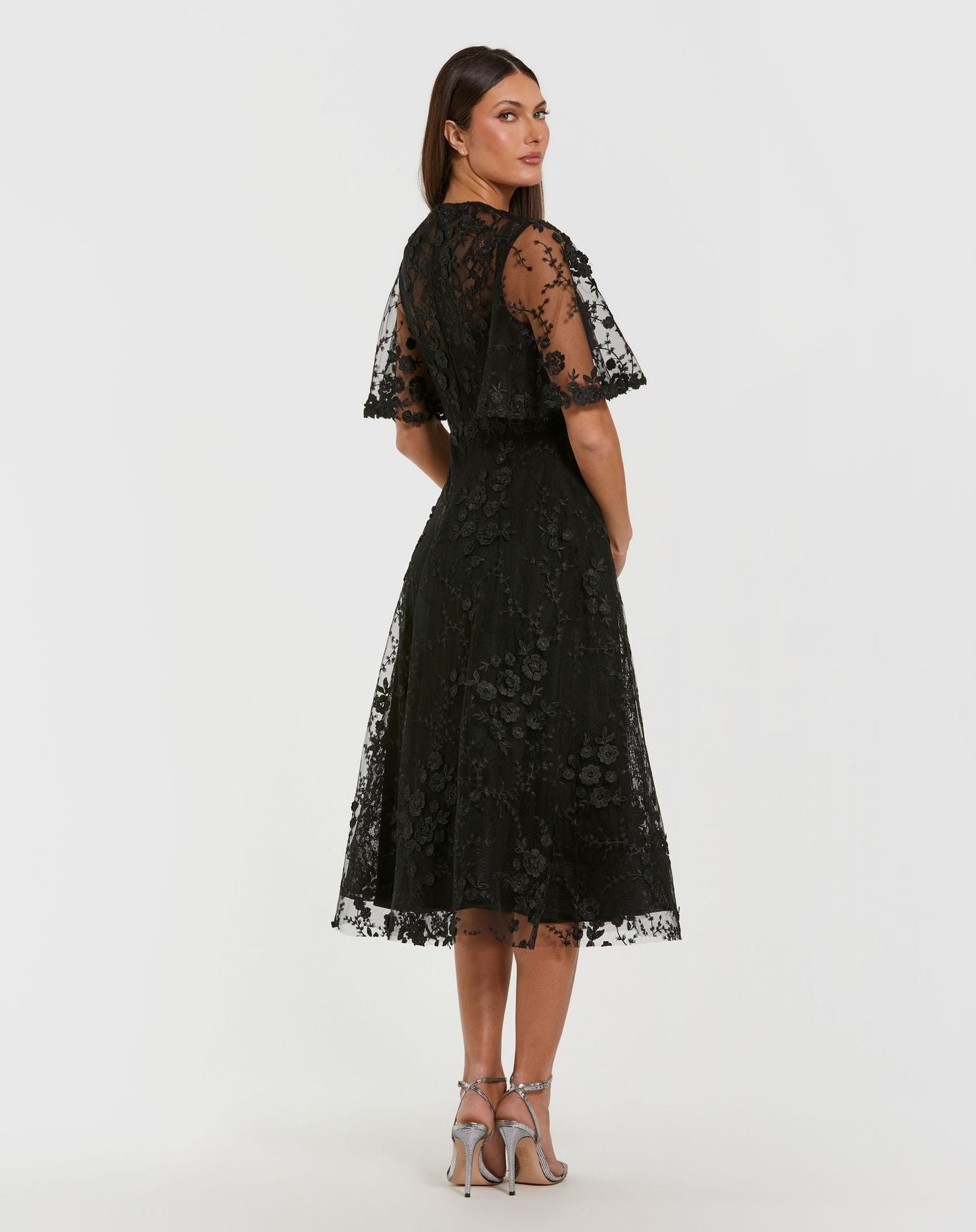 Black Flutter Sleeve Embroidered Midi Dress - Mac Duggal
